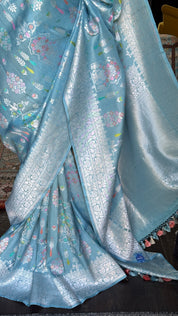 Tussar Silk Banarasi- Light Firozi Blue Silver Zari