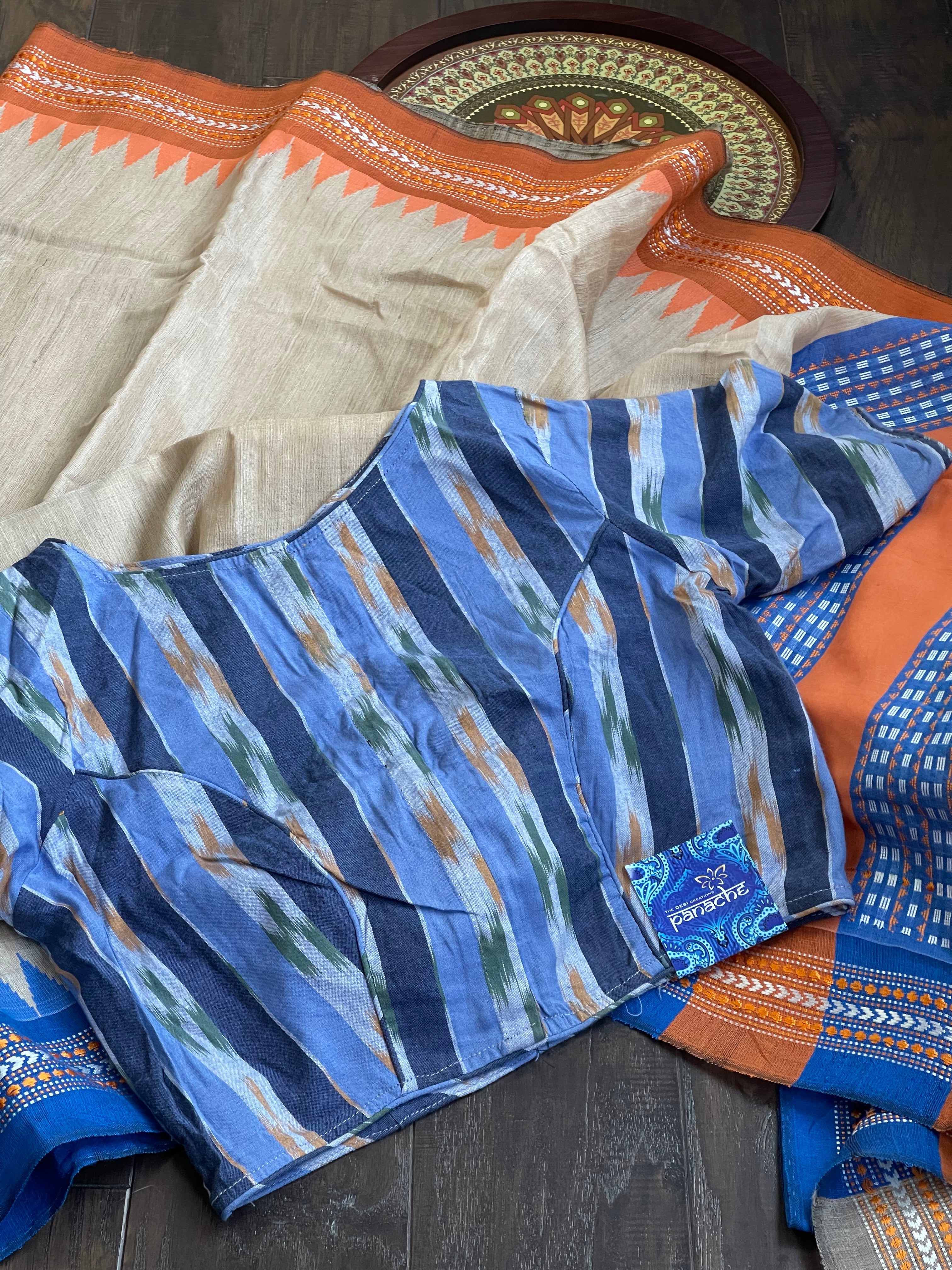 Designer Cotton Blouse - Light Dark Blue Ikat