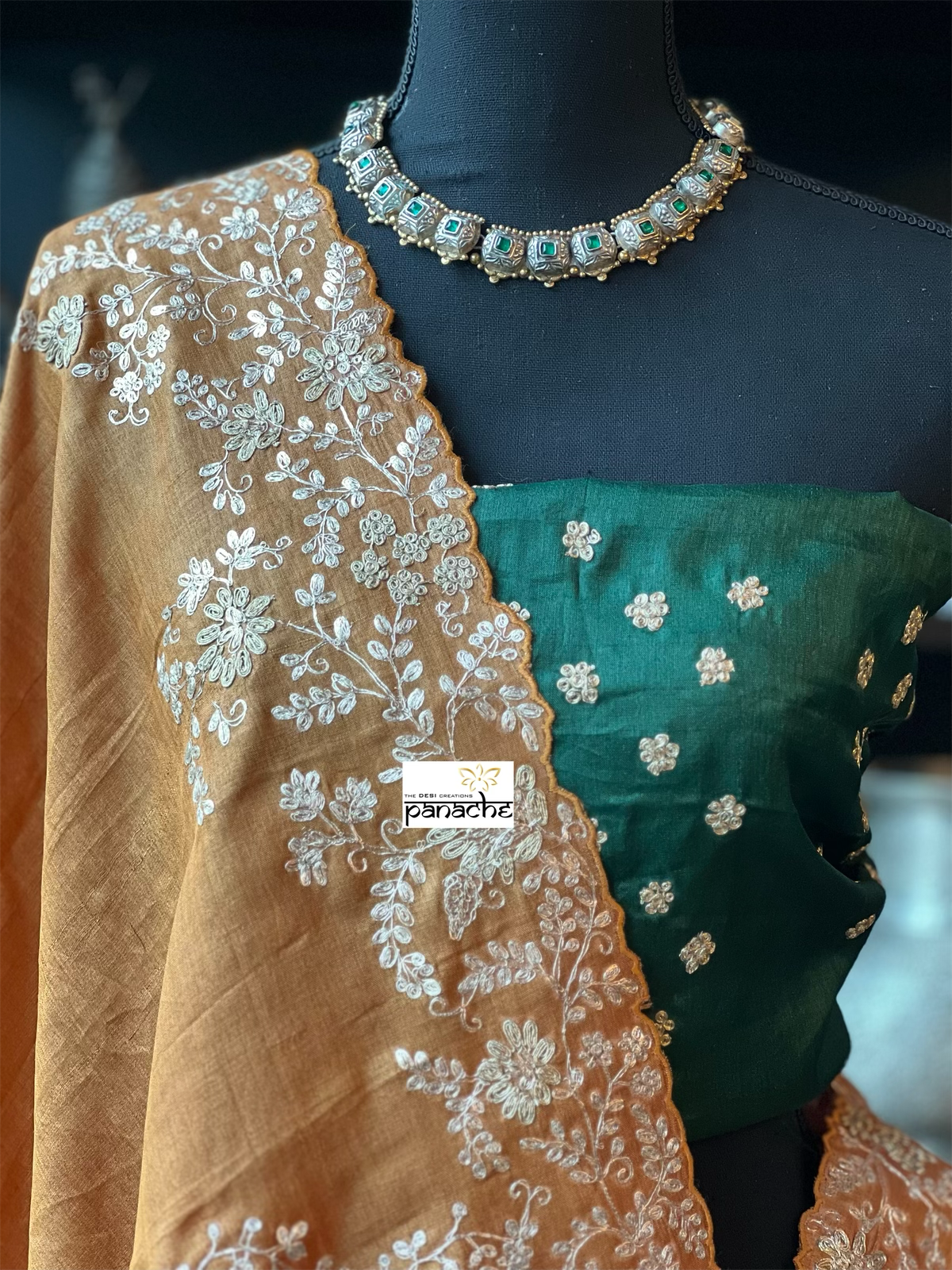 Designer Tussar Silk - Sunrise Orange Green Leheriya Hand Embroidered