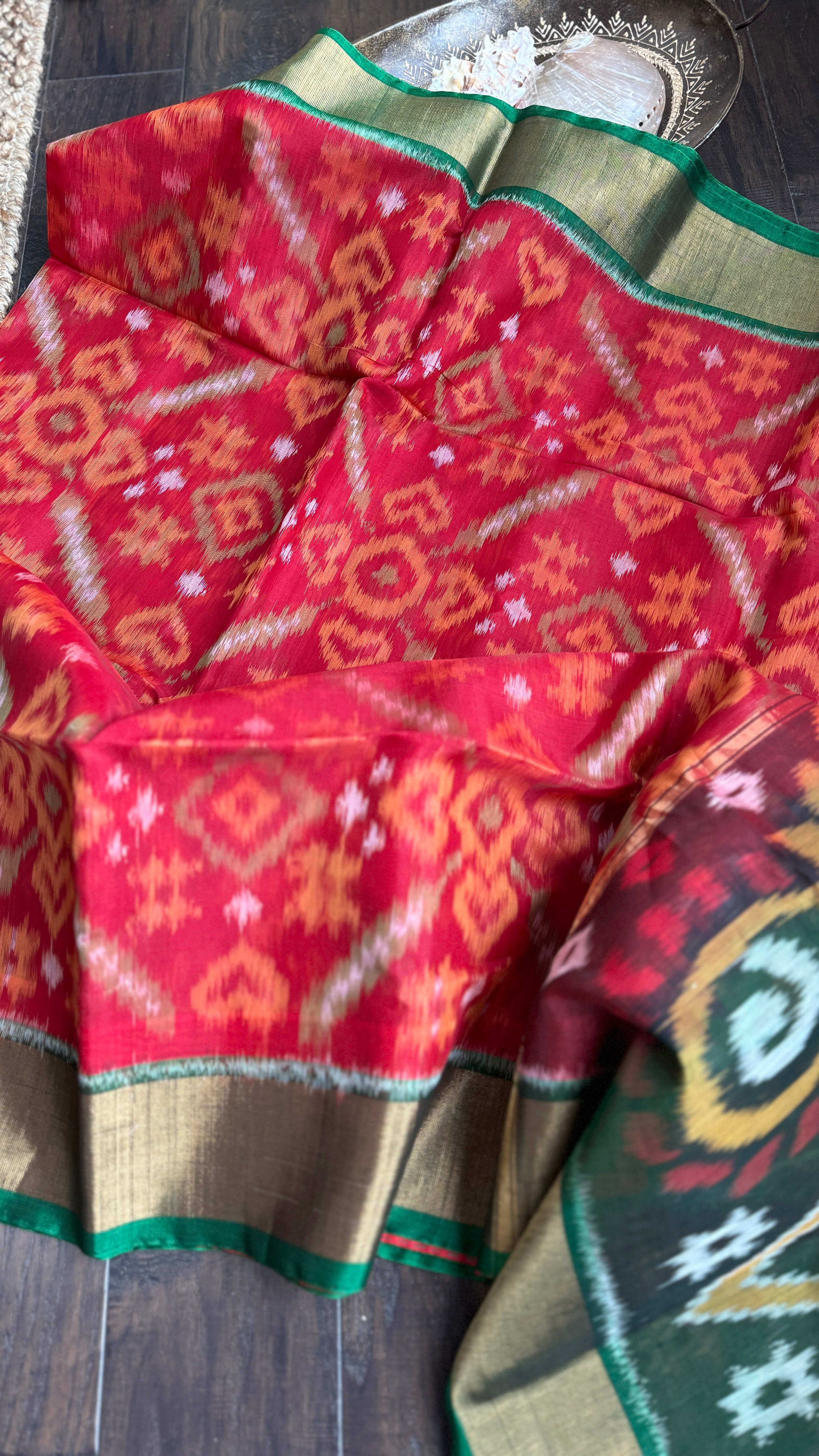 Pure Cotton Silk Ikat - Red Green