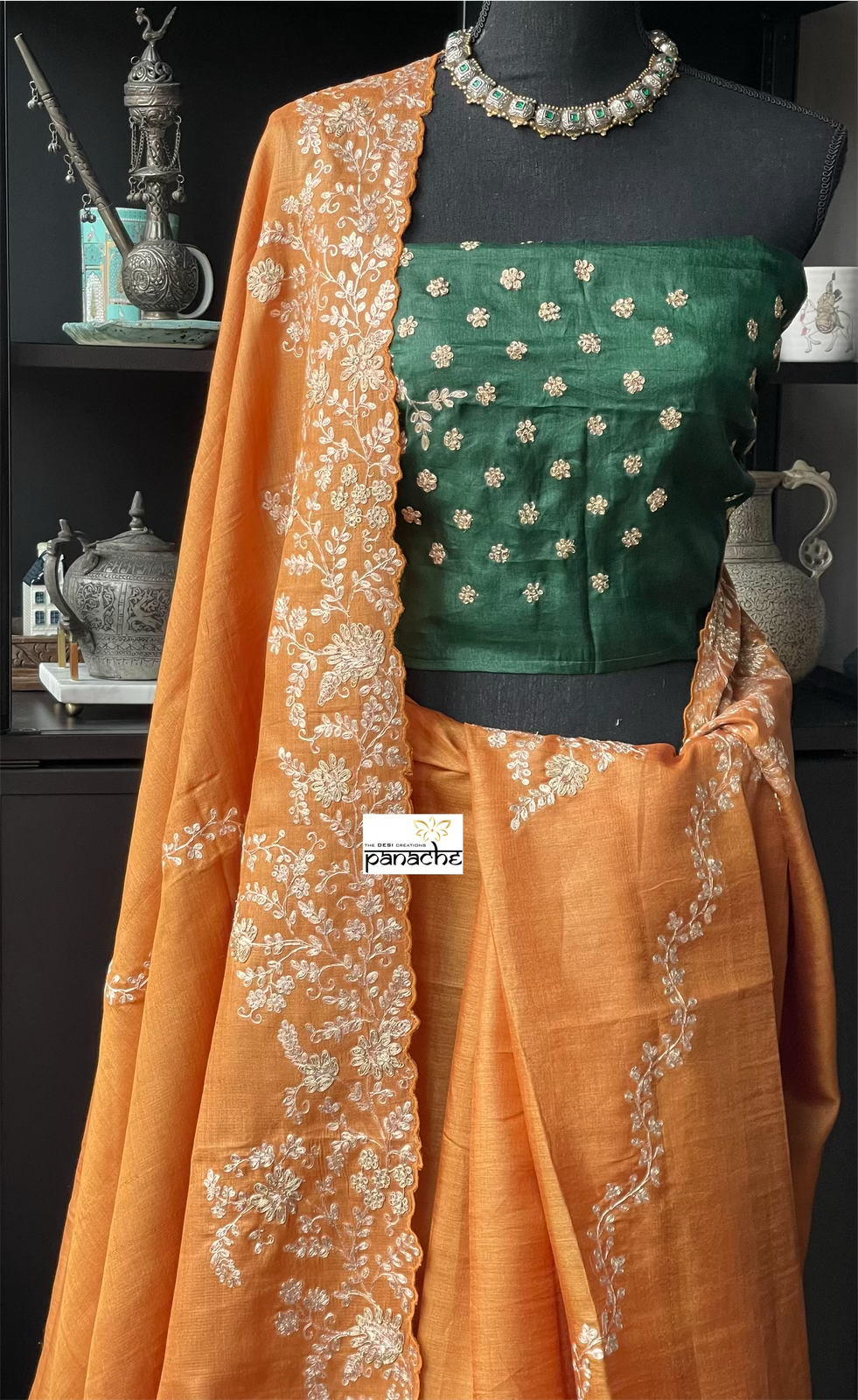 Designer Tussar Silk - Sunrise Orange Green Leheriya Hand Embroidered
