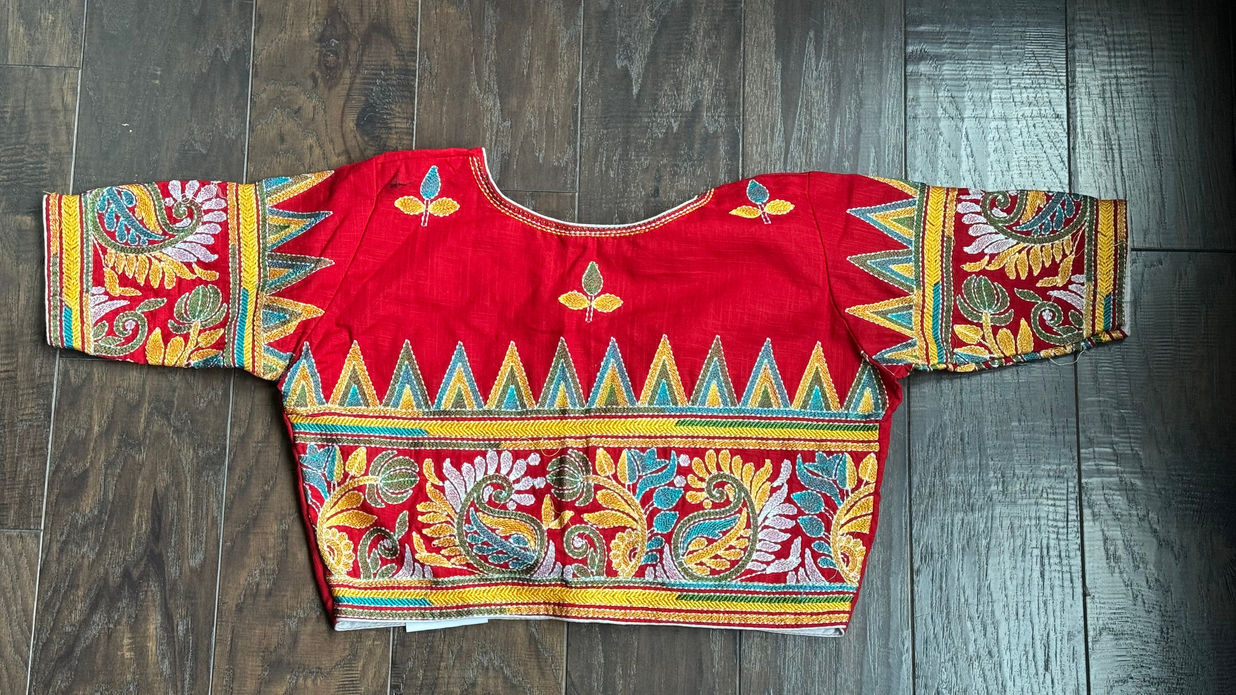 Designer Blouse - Red Kantha Stitch