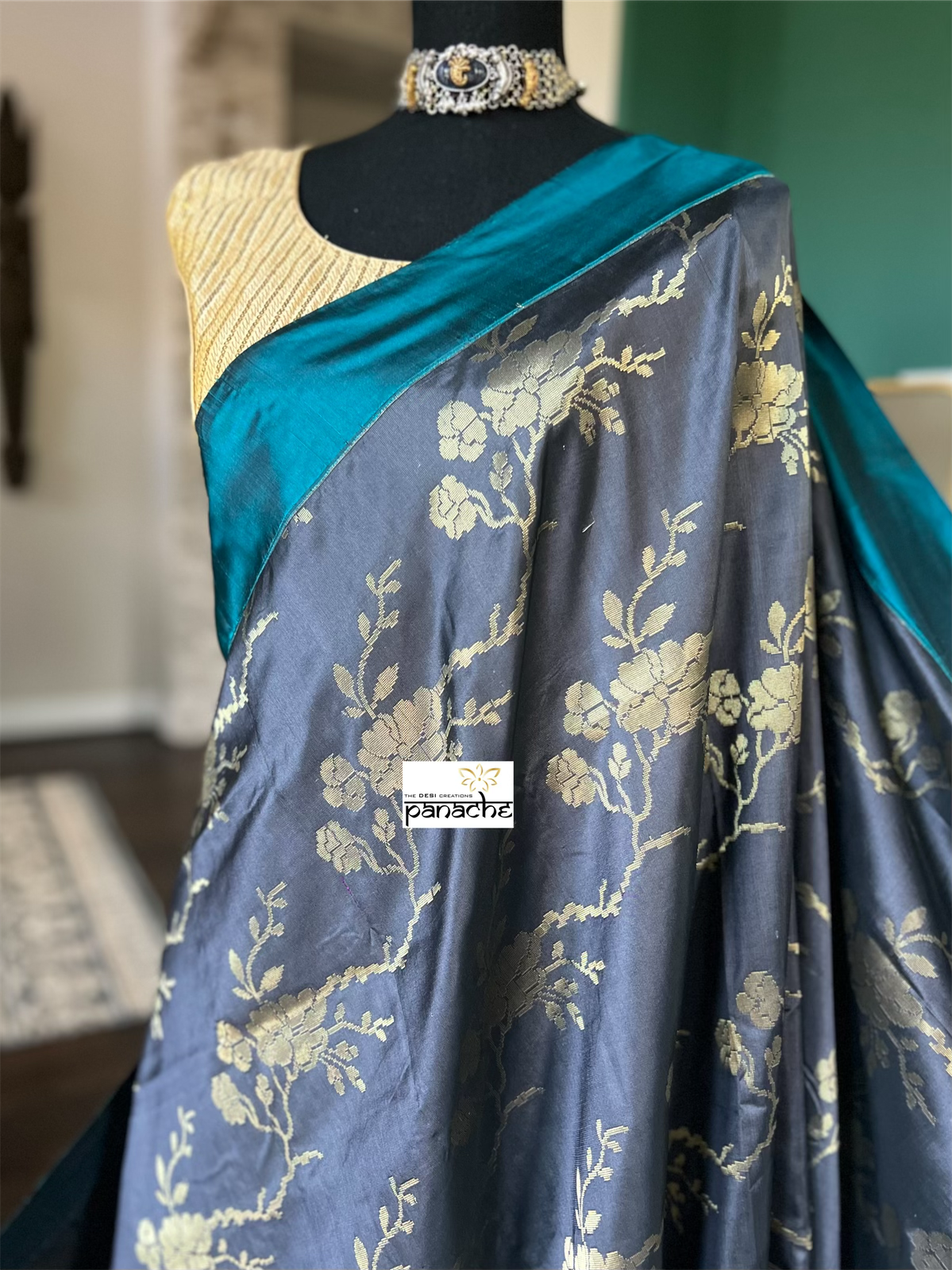 Pure Silk Katan Banarasi - Grey Teal Blue