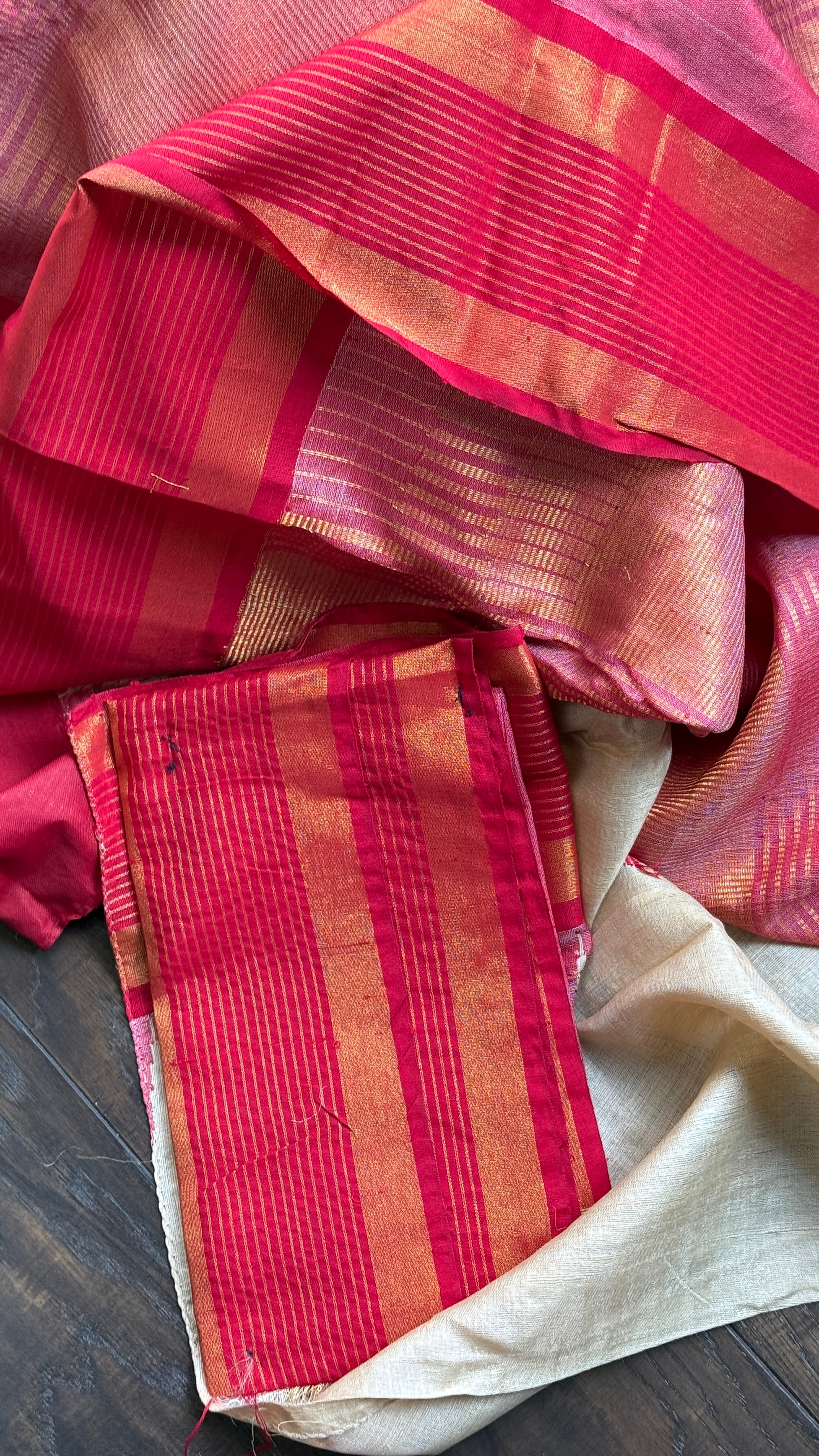 Pure Tussar Silk - Beige Red Zari Stripes