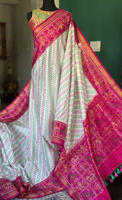 Pure Silk Ikat -  Offwhite Green Magenta