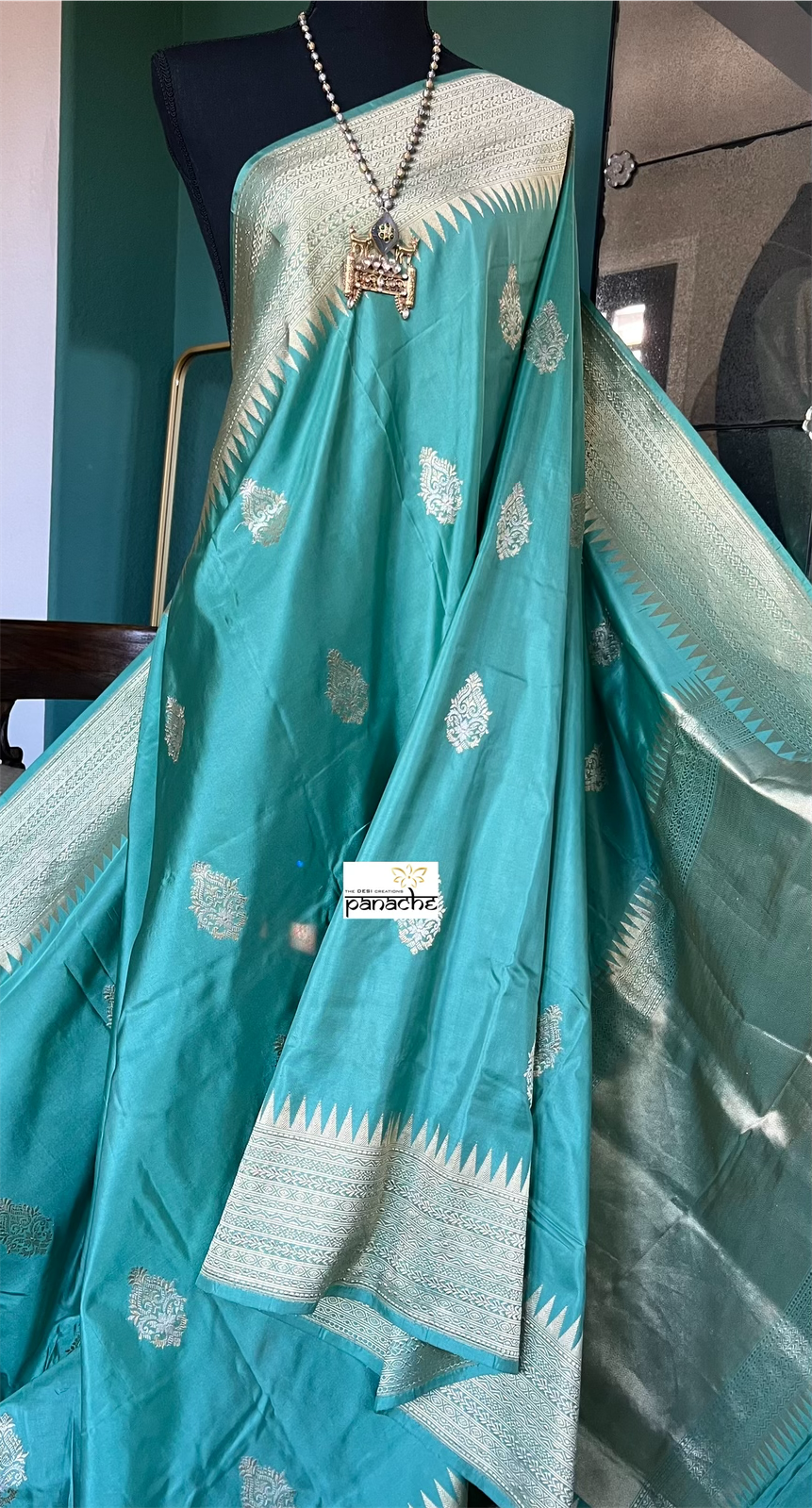 Pure Katan Silk Banarasi - Aqua Sea Green Antique Zari
