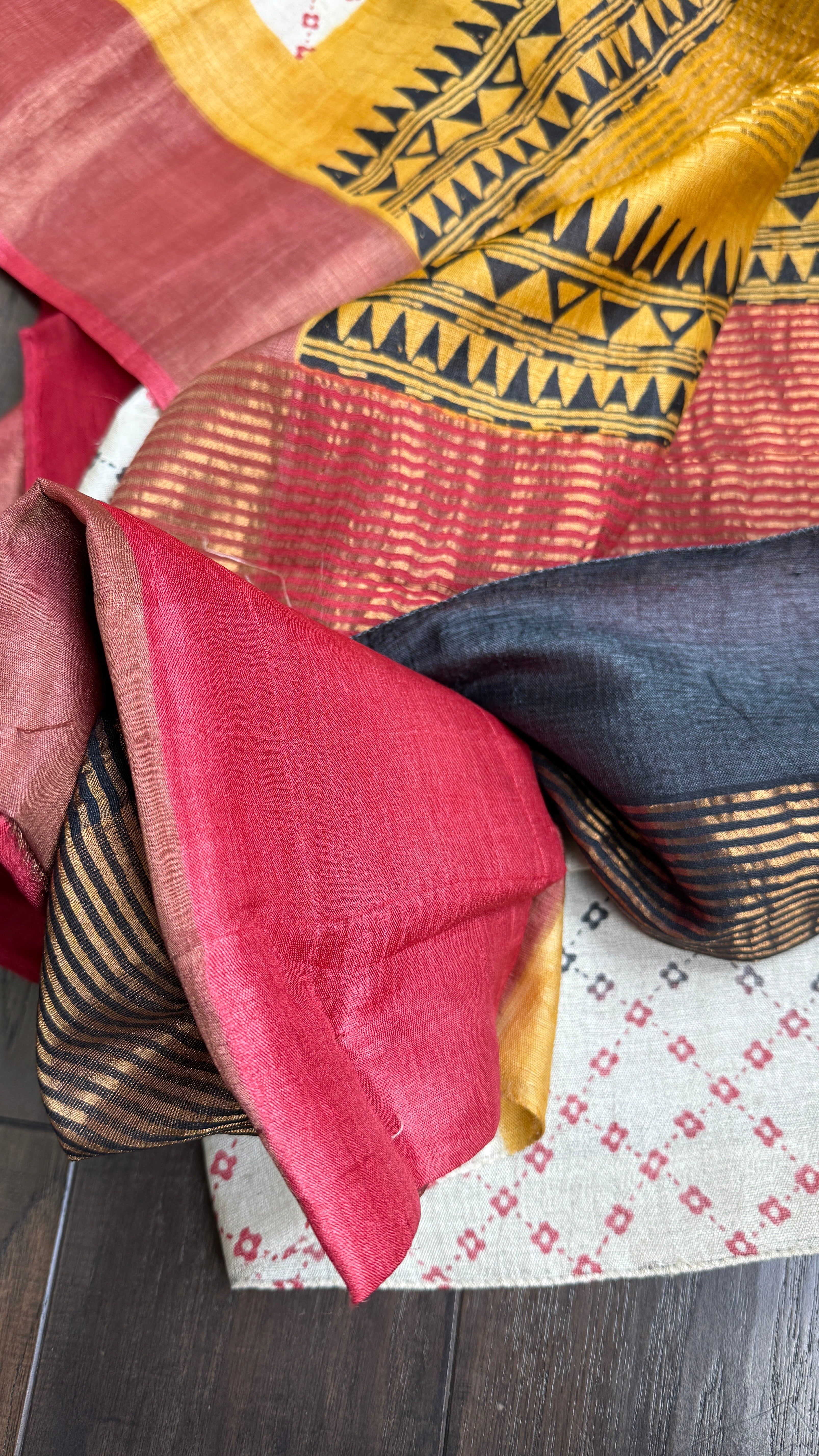 Pure Tussar Silk - Beige Red Black Yellow