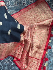 Pure Tussar Silk Banarasi - Black Red