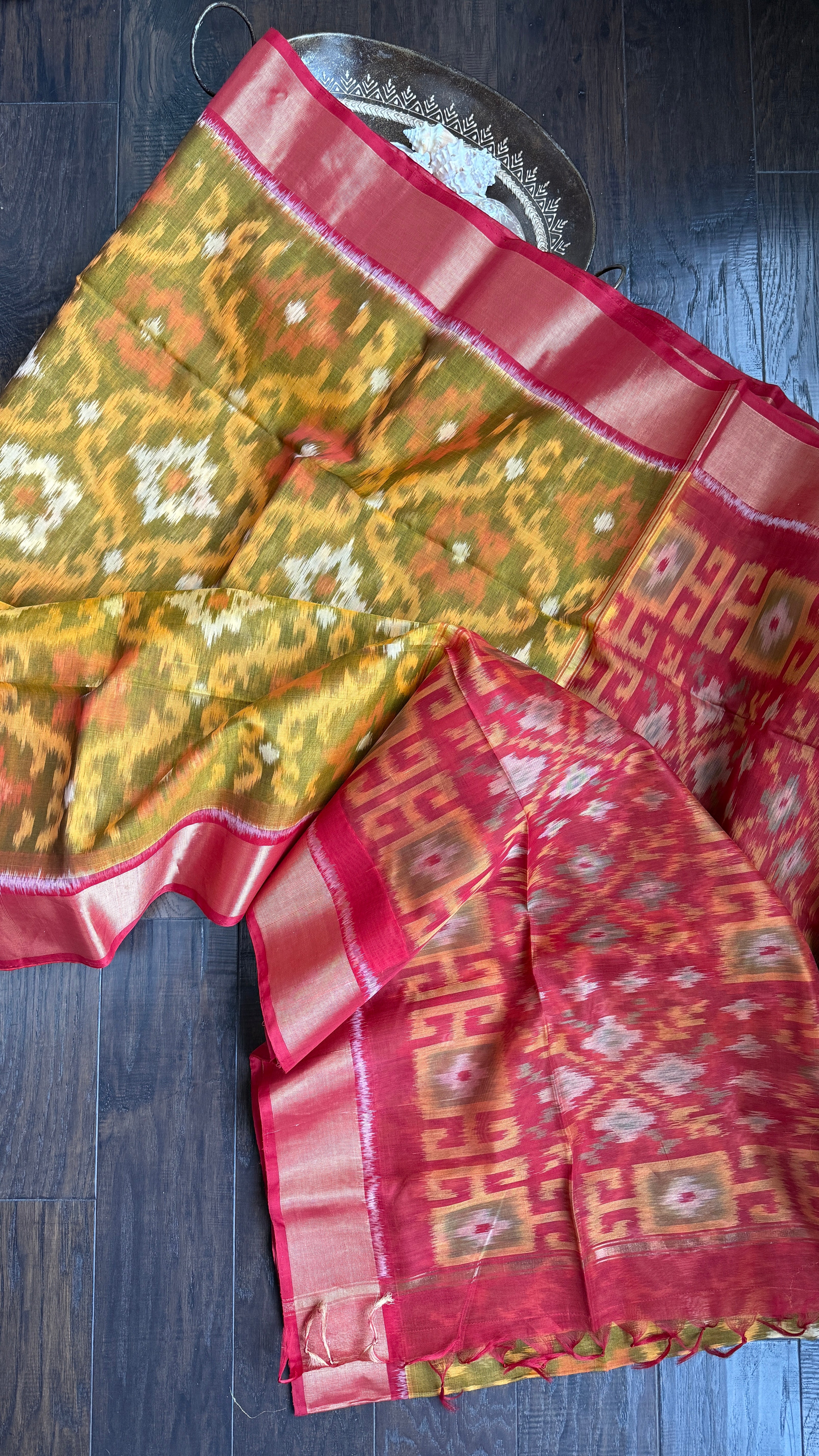 Pure Cotton Silk Ikat - Yellow Red