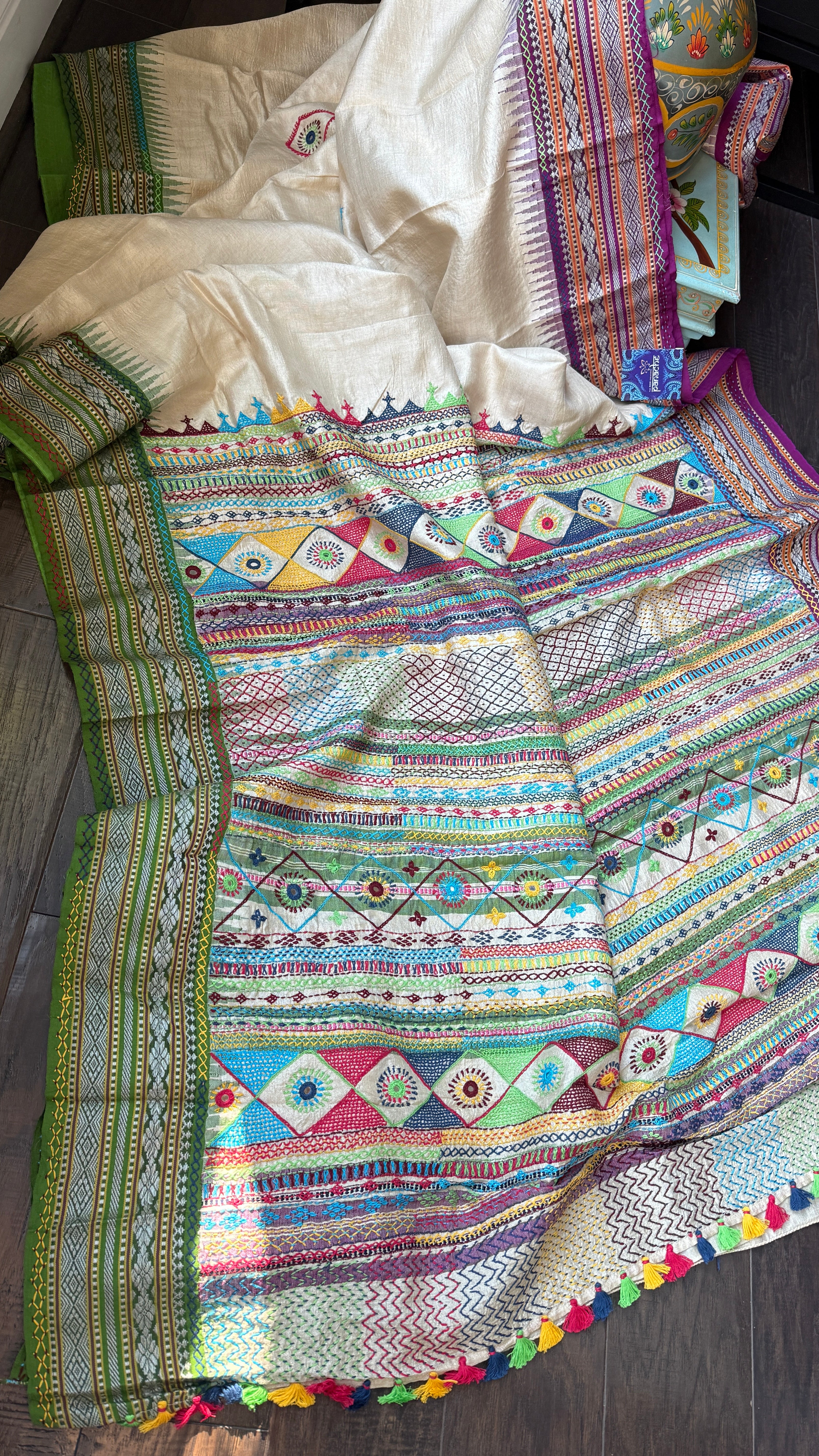 Pure Vidarbha Tussar Lambani - Beige Hand Embroidered