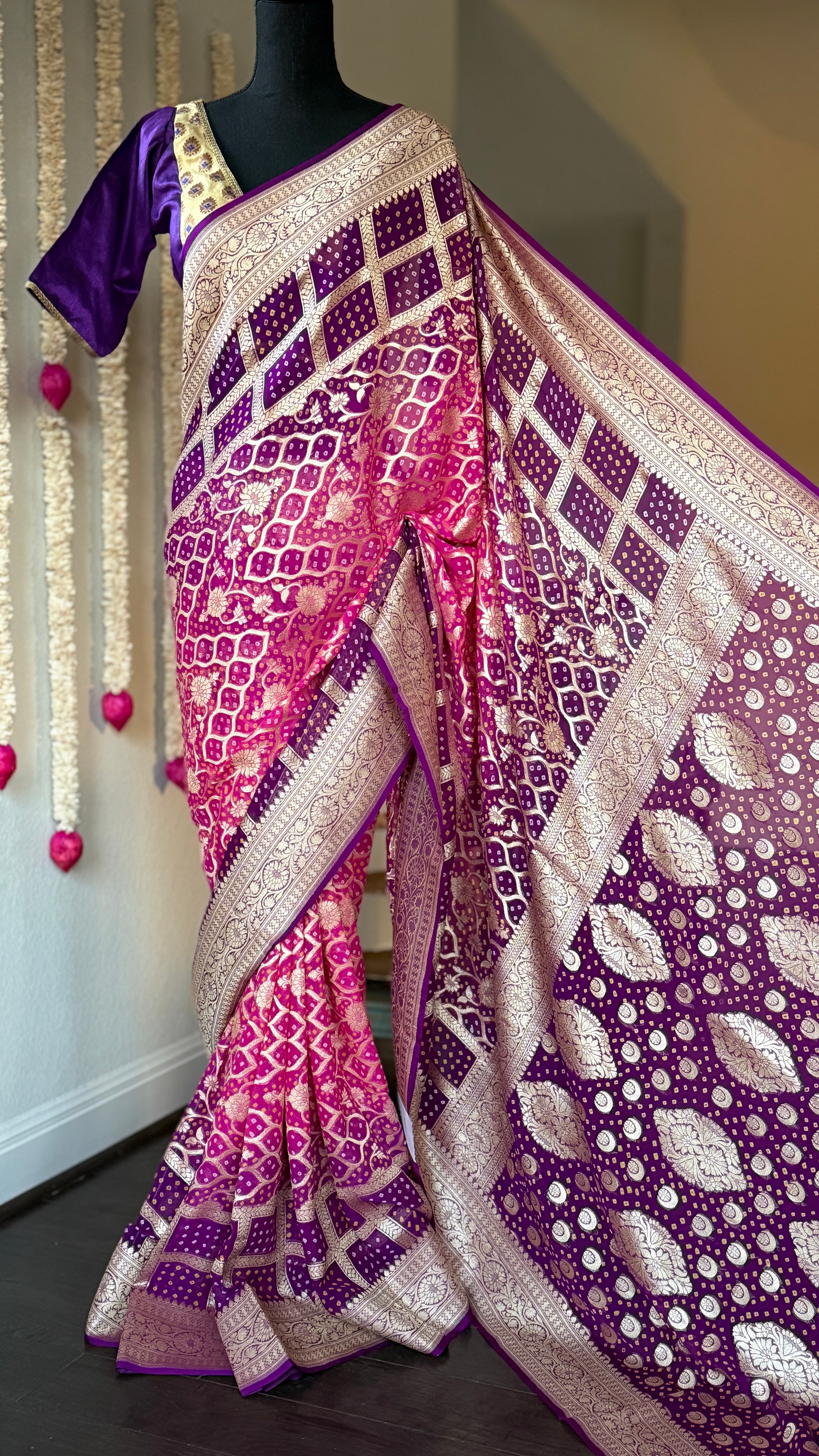 Bandhej Khaddi Georgette Banarasi - Pink Purple