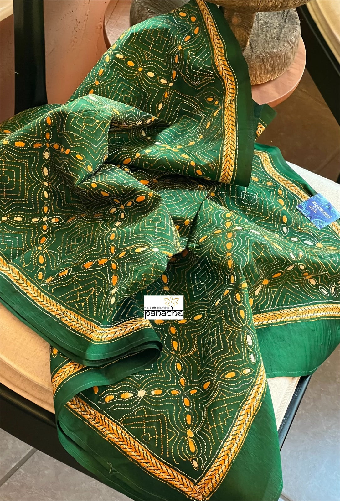 Pure Khadi Silk Stole - Bottle Green Kantha Stitch