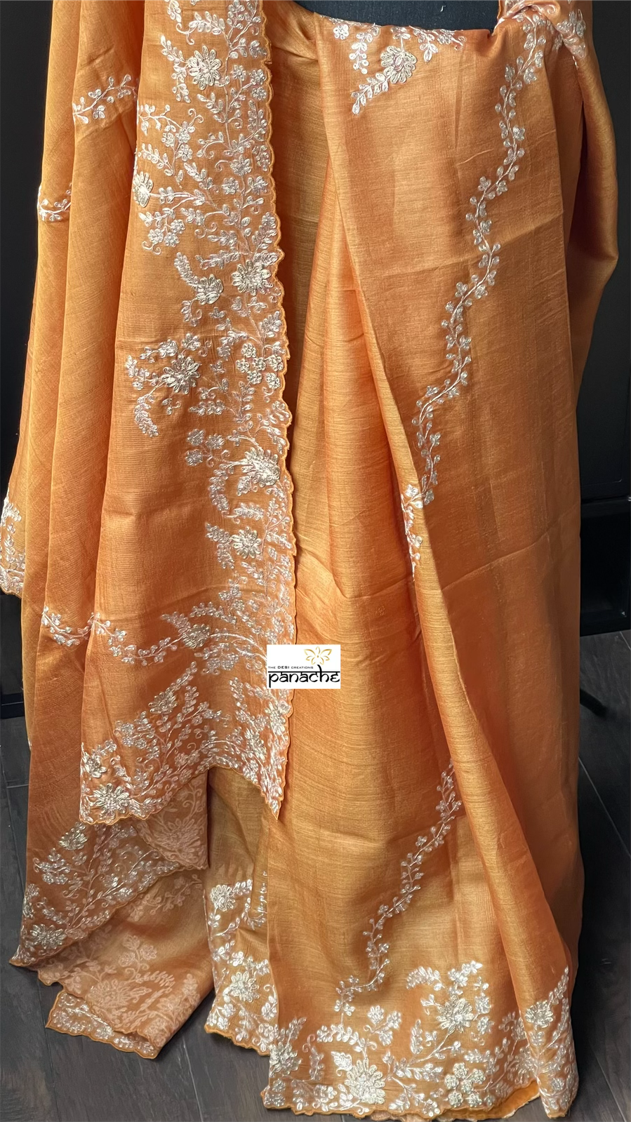 Designer Tussar Silk - Sunrise Orange Green Leheriya Hand Embroidered