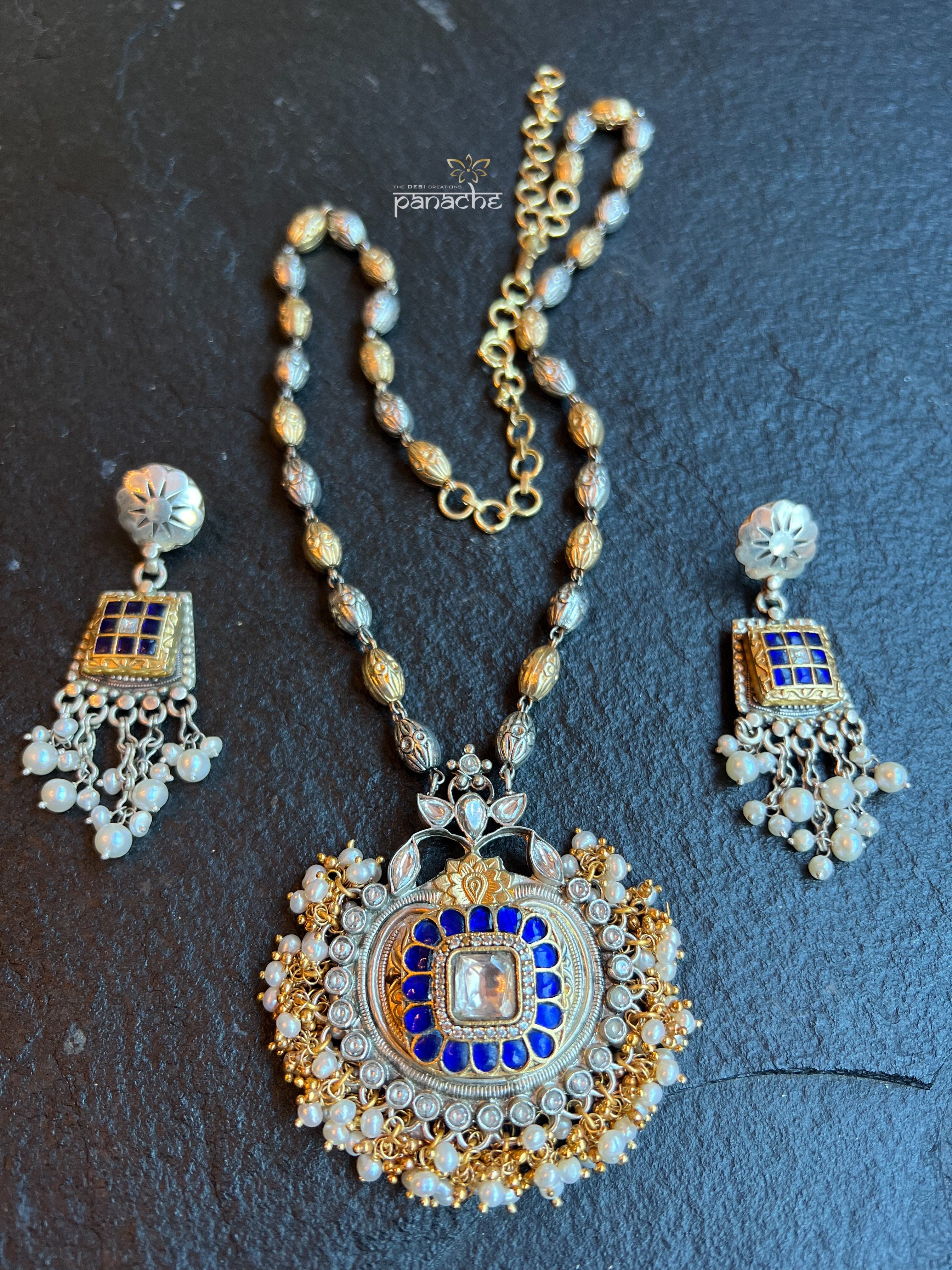Silver Long Necklace - Blue Kundan Pendant