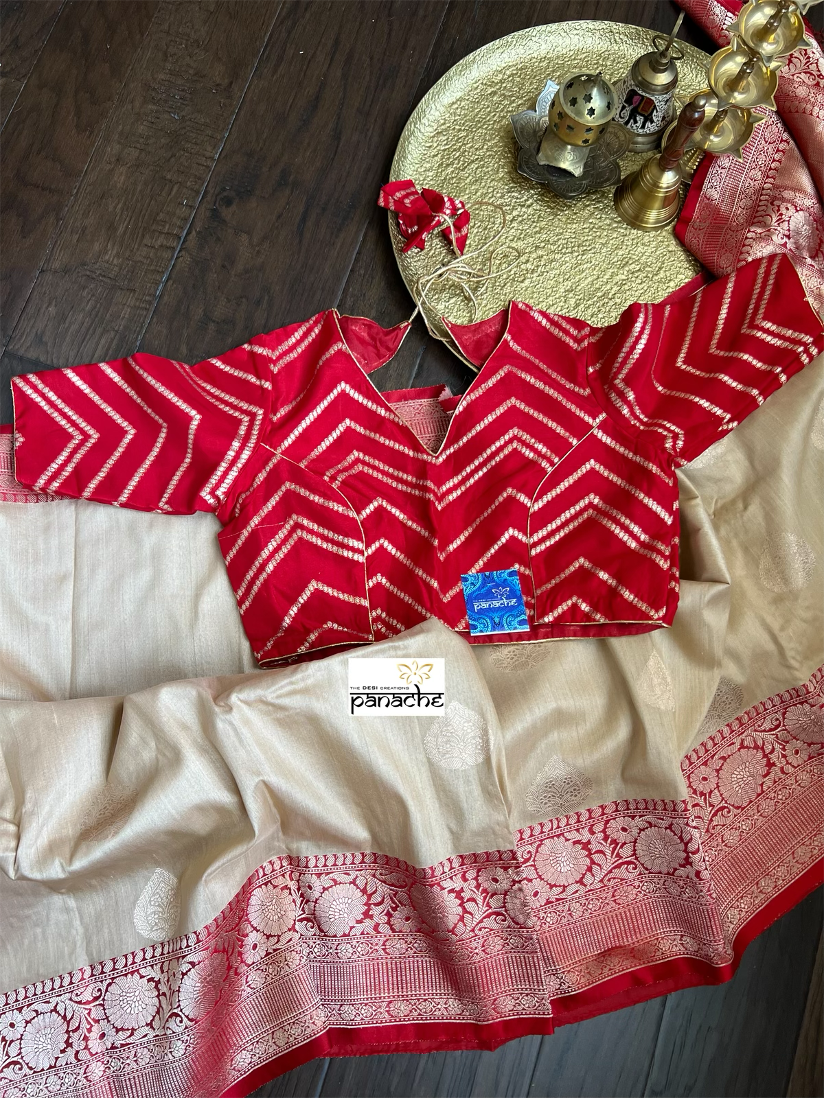 Tussar Silk Banarasi - Tan Beige Red