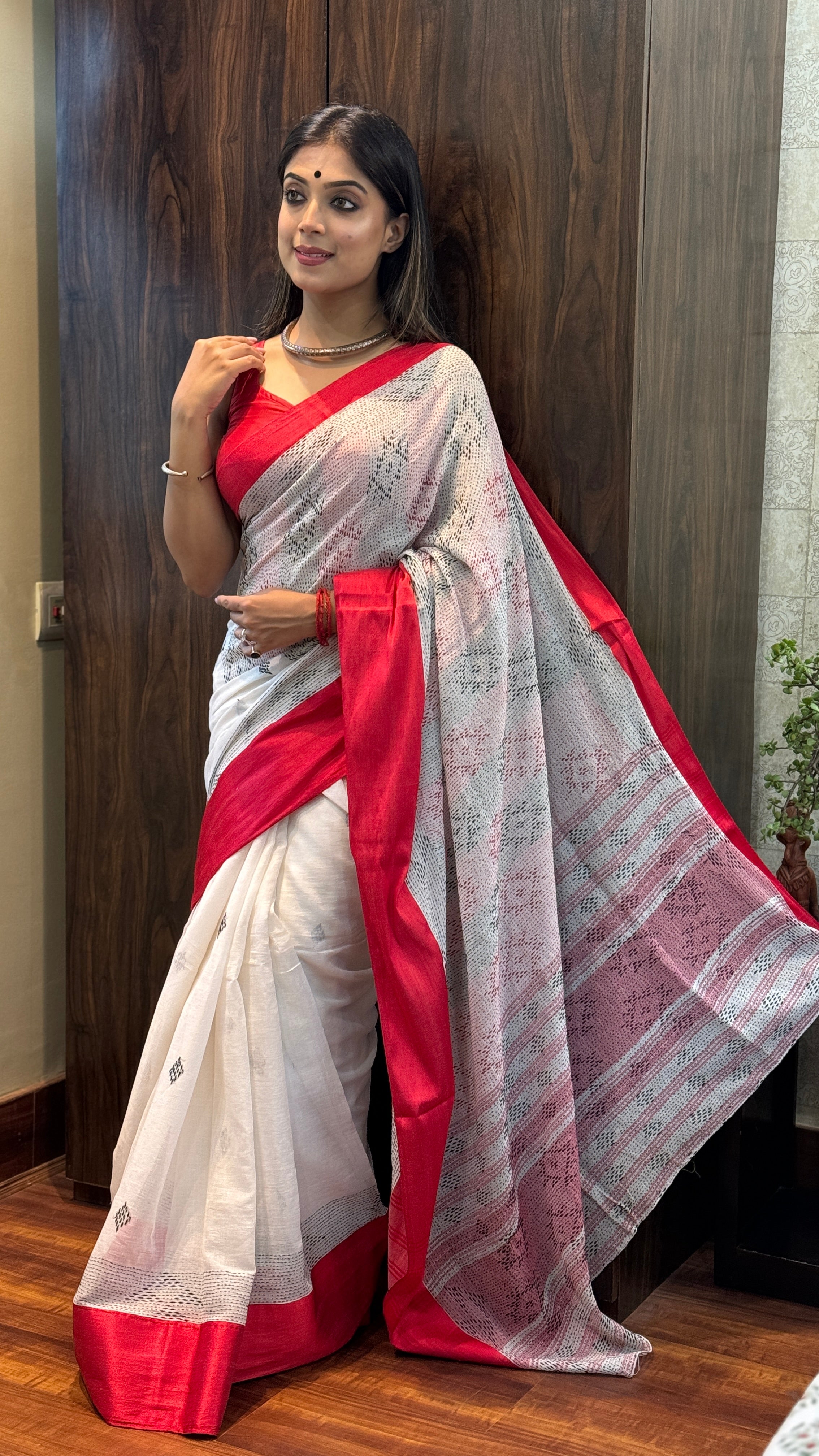 Pure Khadi Cotton Hand Kantha - White Red
