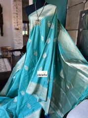 Pure Katan Silk Banarasi - Aqua Sea Green Antique Zari