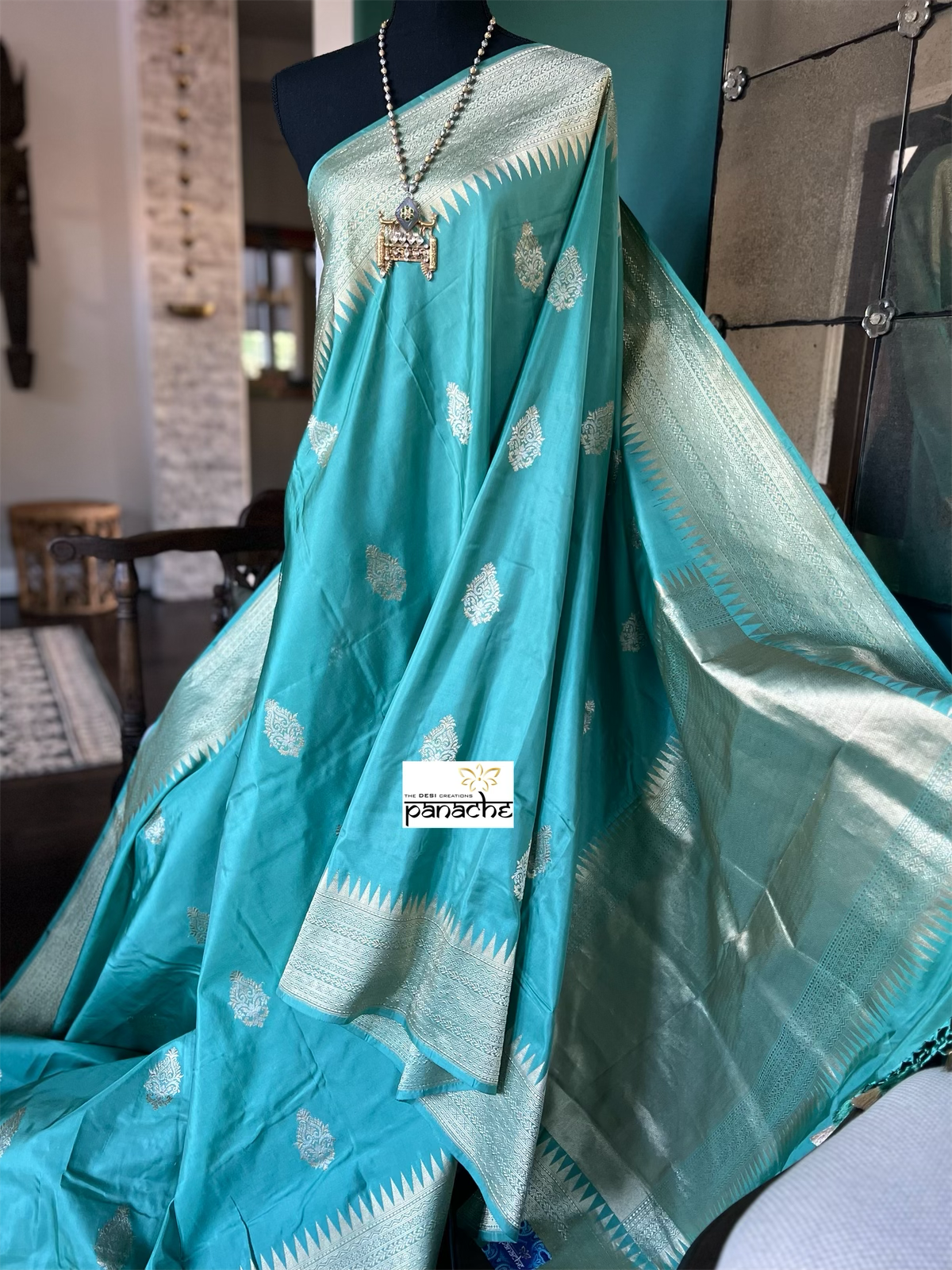Pure Katan Silk Banarasi - Aqua Sea Green Antique Zari