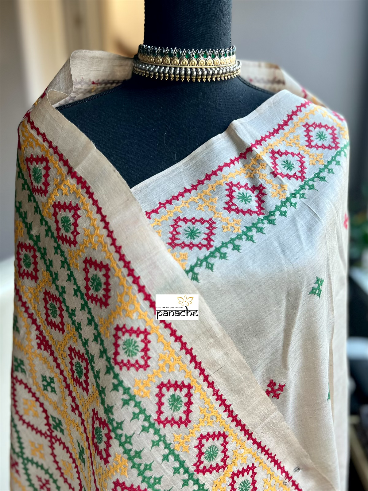 Pure Tussar Silk Gujrati Stitch - Tussar Color Green Red