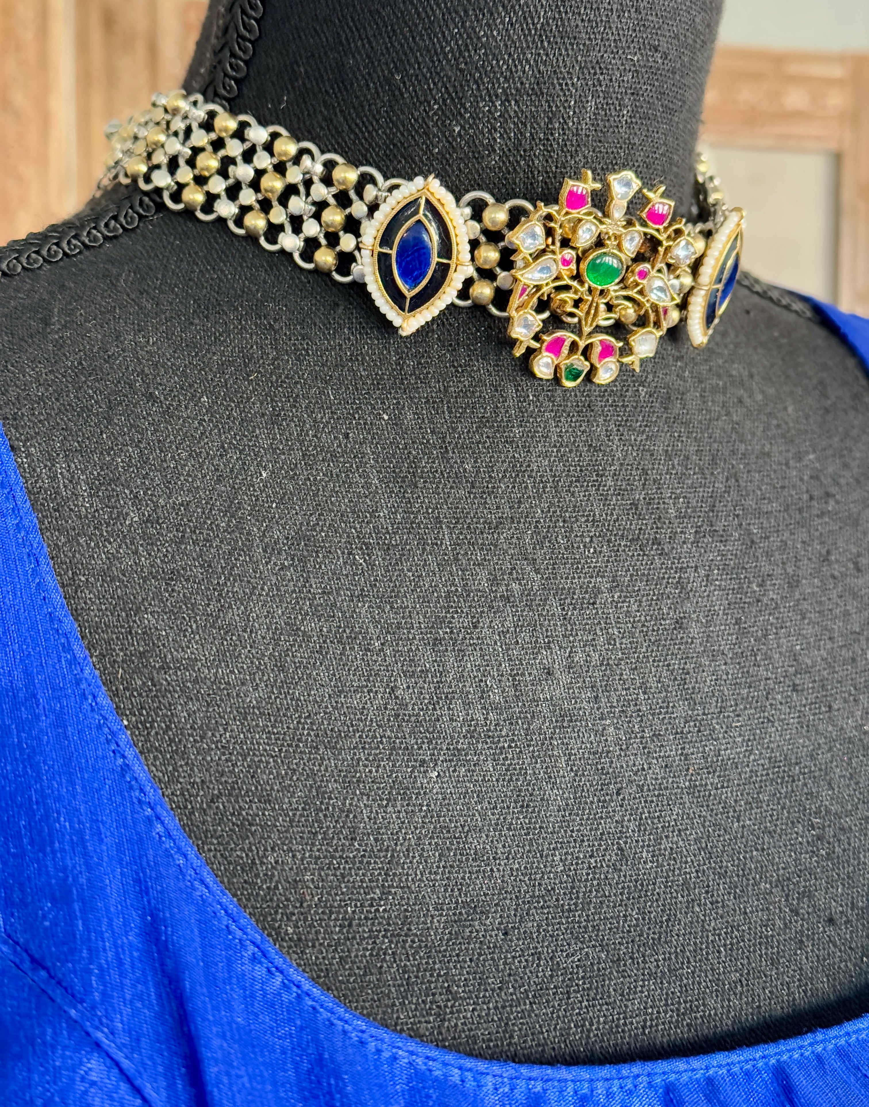 Fusion Choker 925 Silver - Blue Kundan