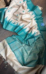 Pure Tussar Silk - Beige Teal Green