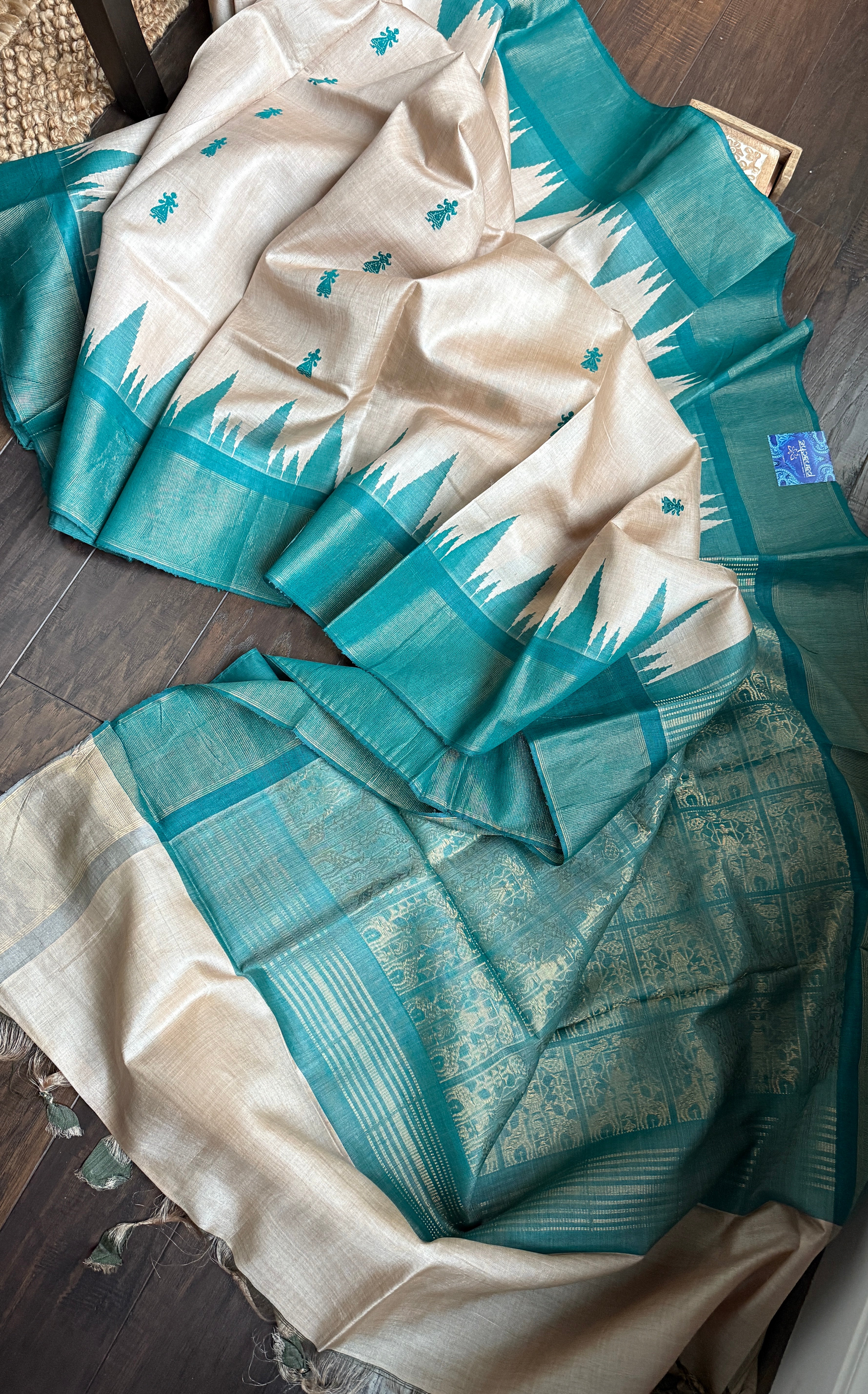 Pure Tussar Silk - Beige Teal Green