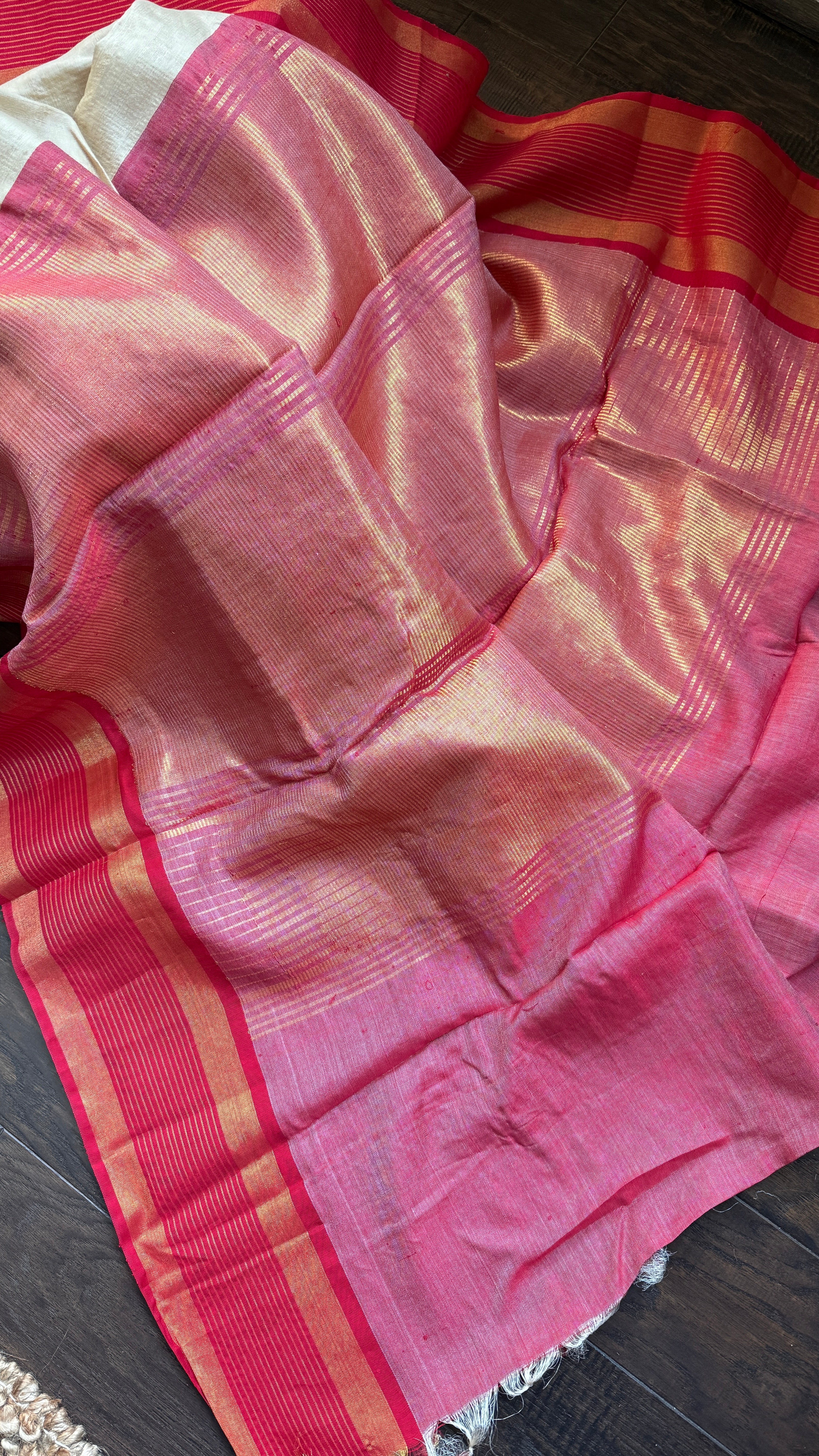 Pure Tussar Silk - Beige Red Zari Stripes
