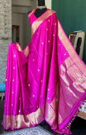 Pure Silk Mashru Banarasi- Magenta Pink