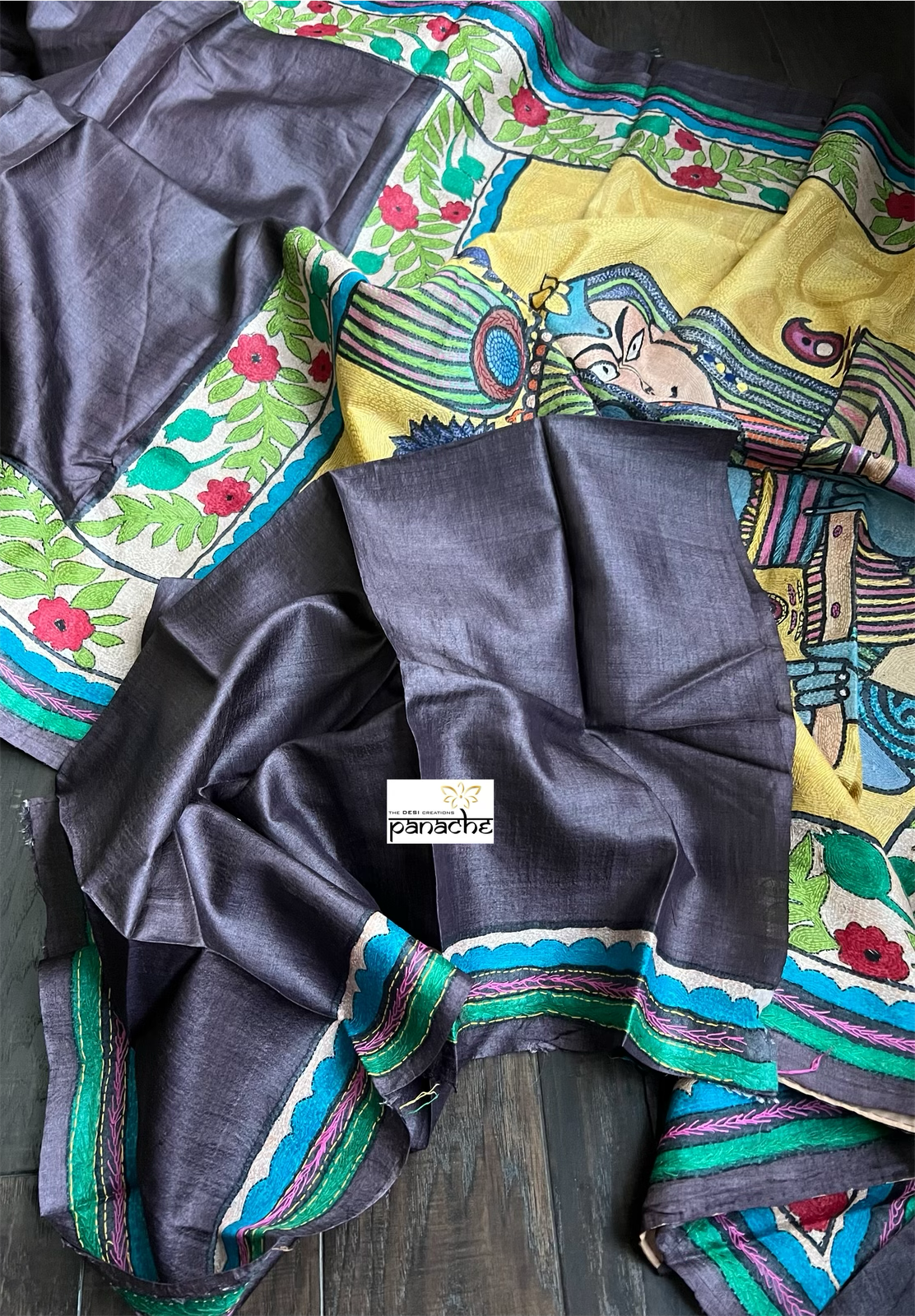 Pure Tussar Silk Sujni Kantha Stitch - Eggplant color Radha-Krishna
