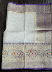 Pure Tissue Kora Silk Banarasi - Cream Purple