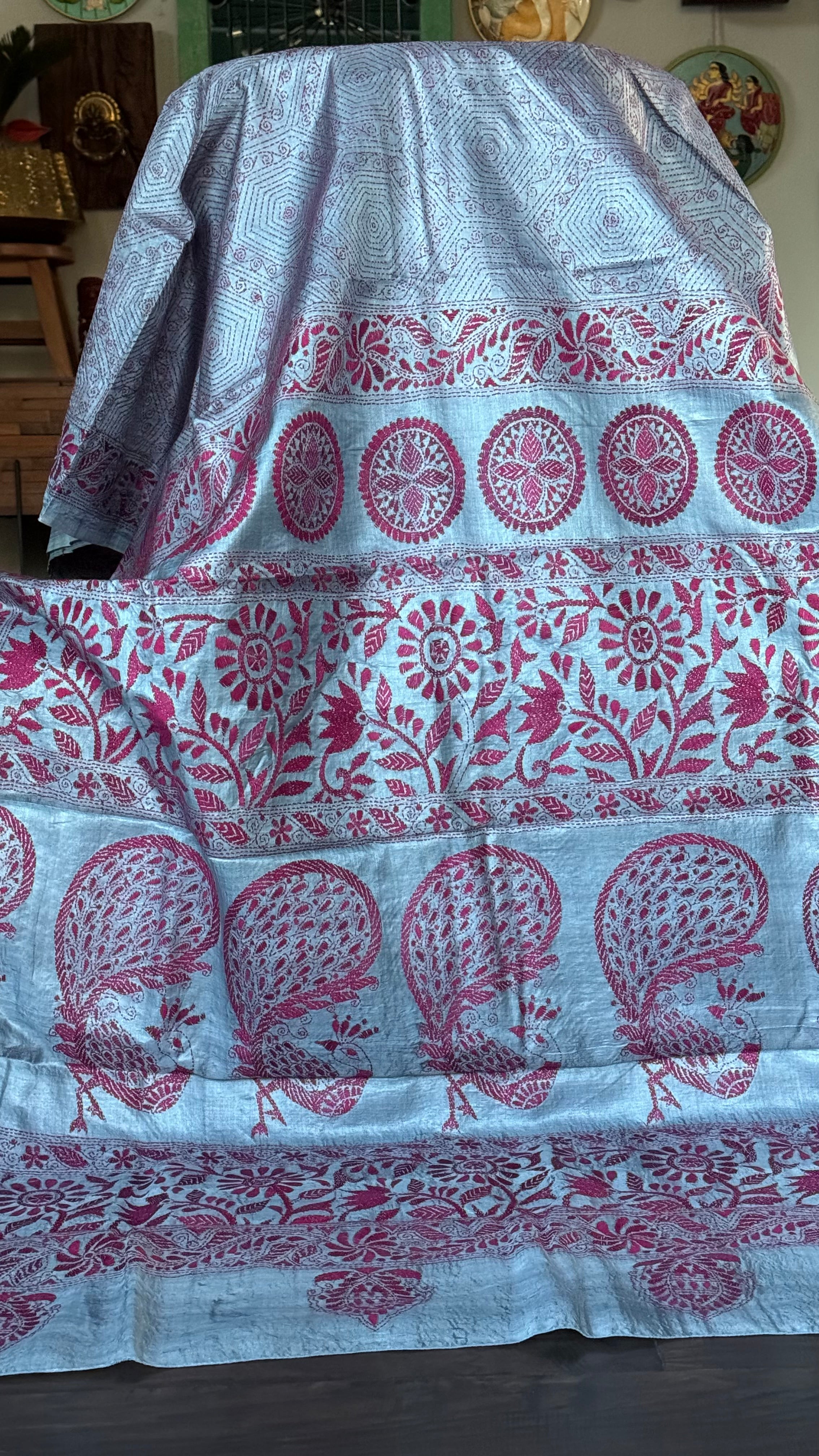 Pure Tussar Silk Kantha Stitch - Grey