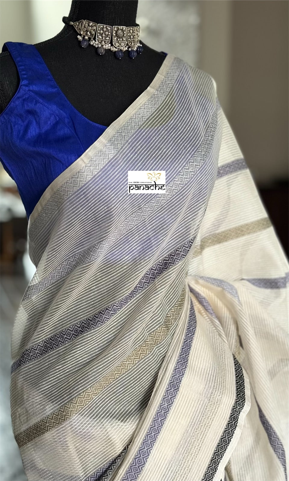 Matka Muslin Silk - Off-White Black Blue