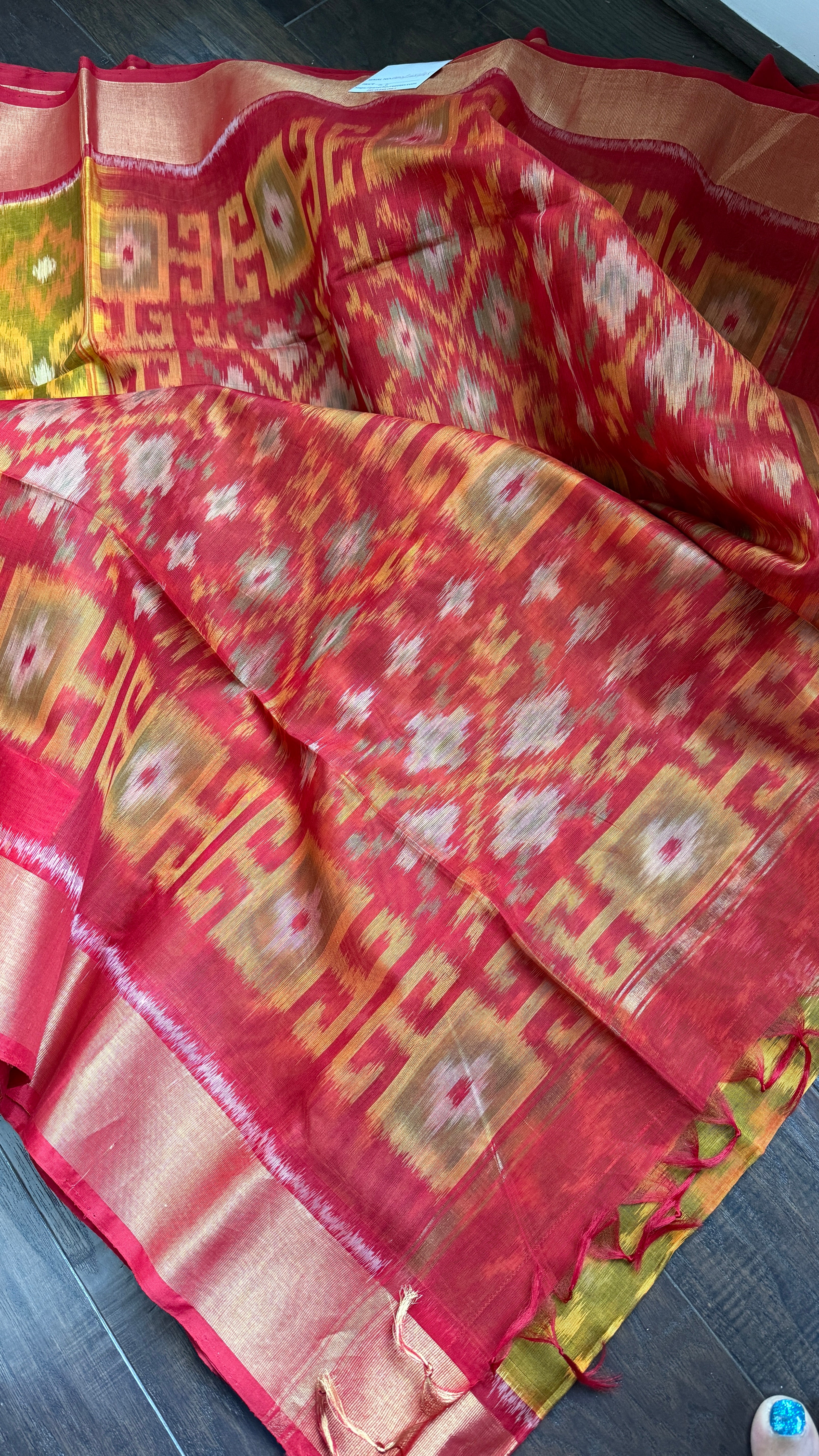 Pure Cotton Silk Ikat - Yellow Red