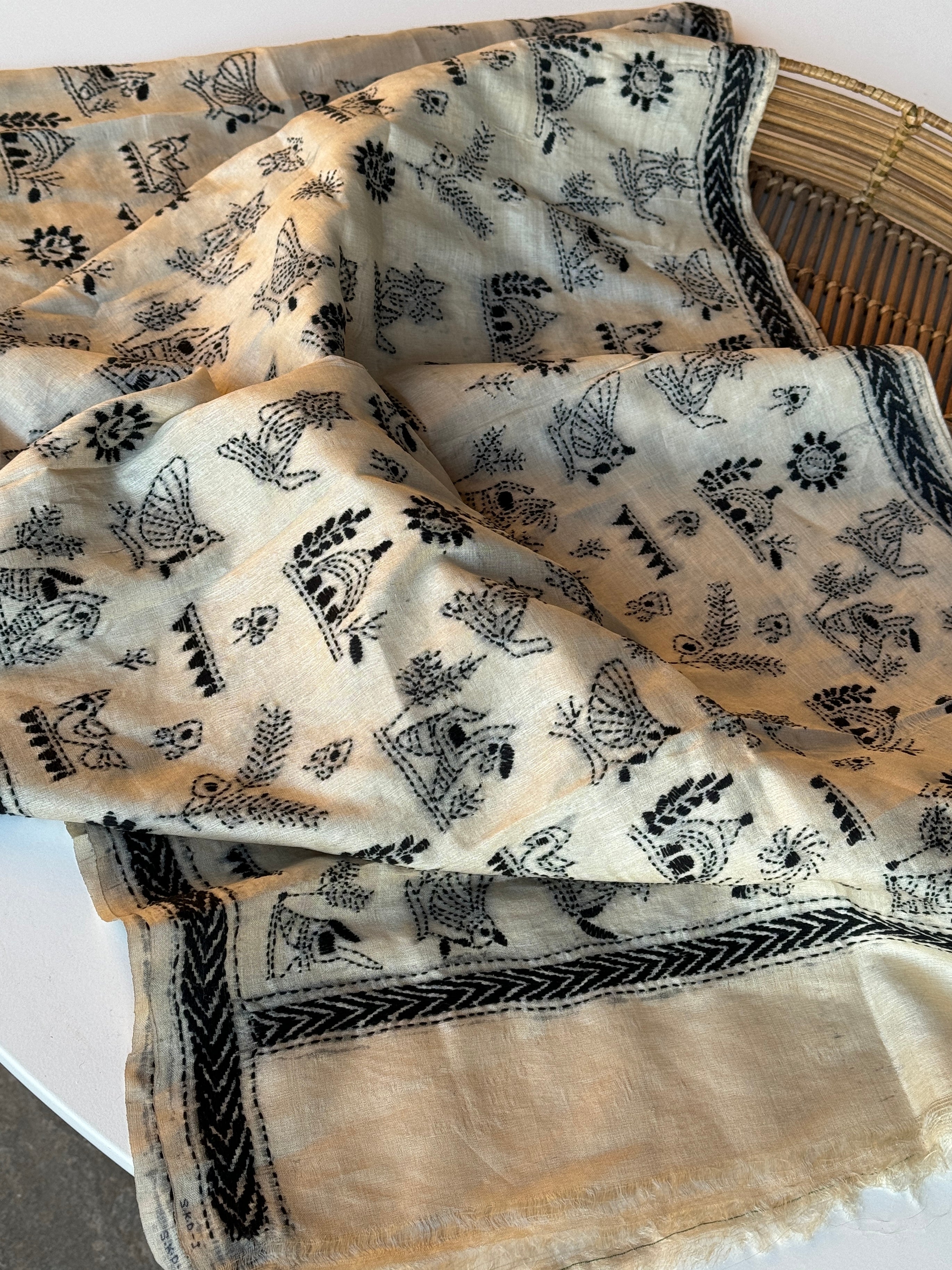 Pure Tussar Silk Stole - Beige Black Kantha Stitch