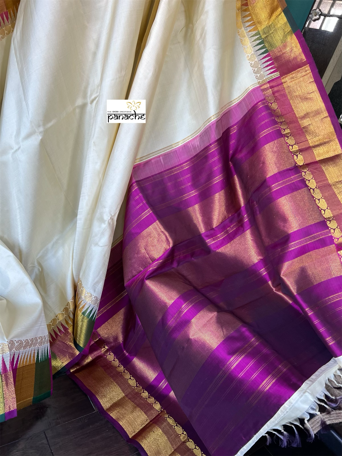 Silk Kanjivaram - Cream Purple Rangkat