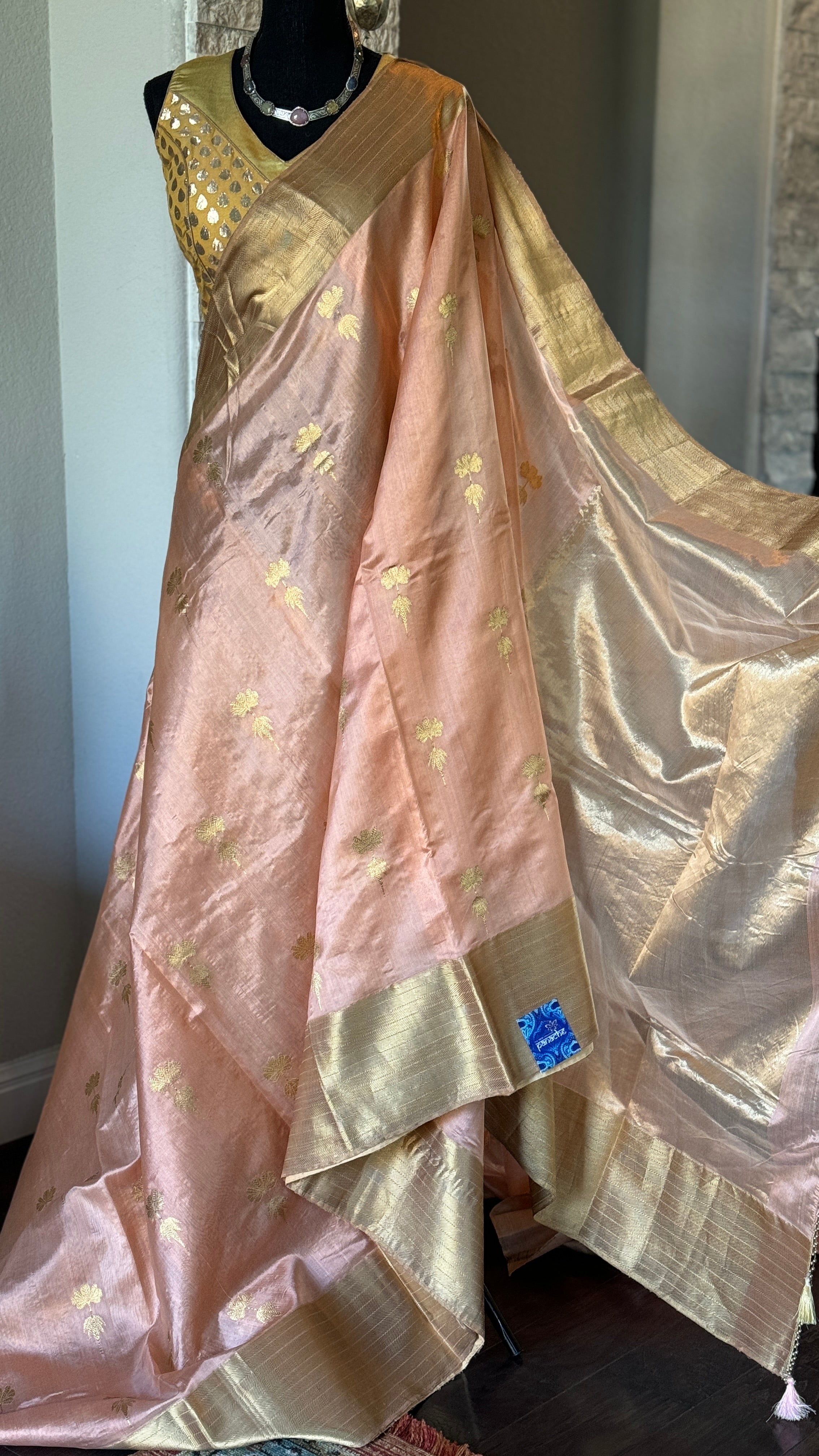 Pure Chanderi Pattu Silk - Peach Eknaliya Woven