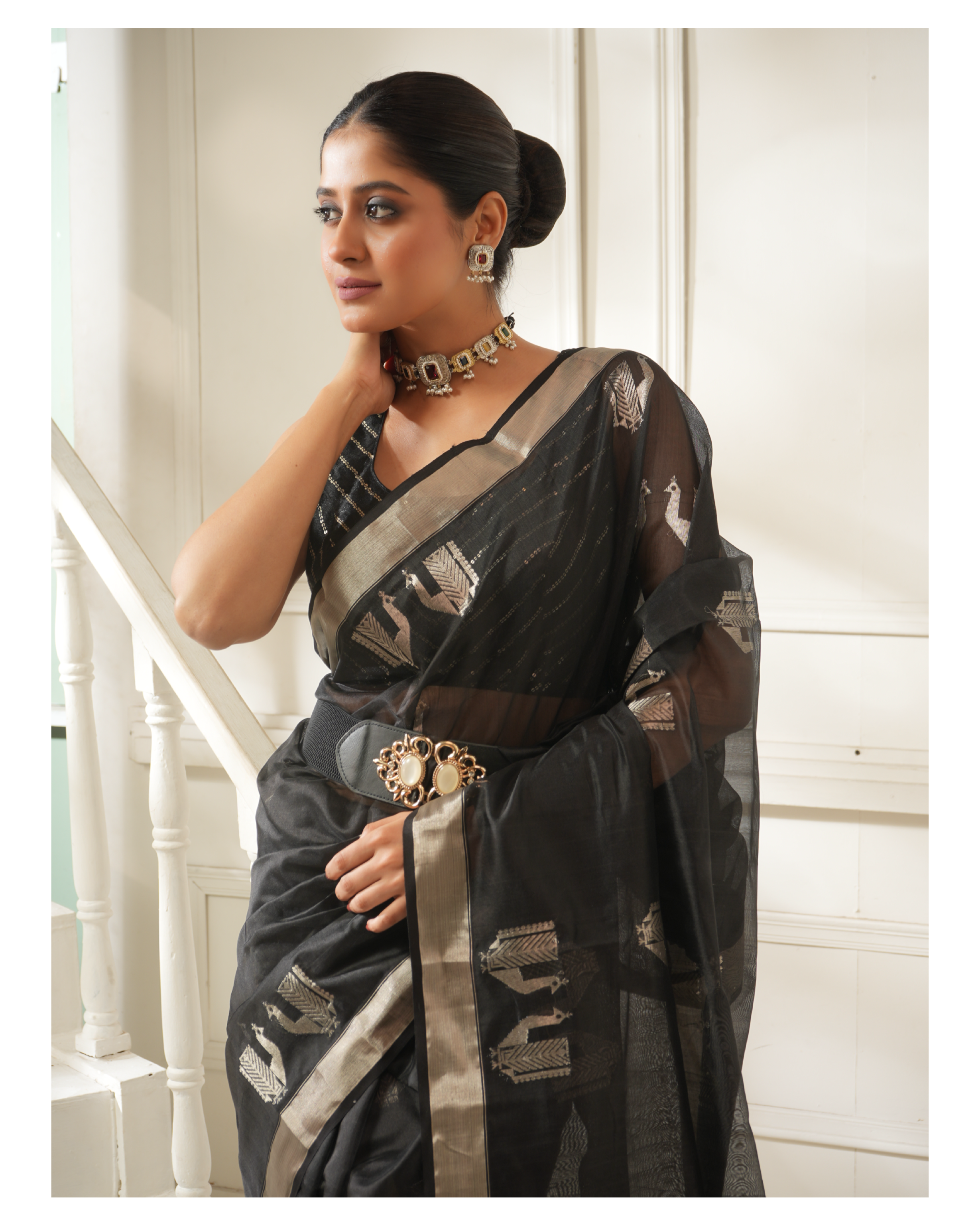 Pure Chanderi Pattu Silk - Black Silver Peacock