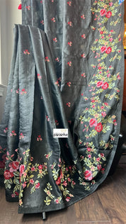 Designer Tussar Silk - Black Embroidered