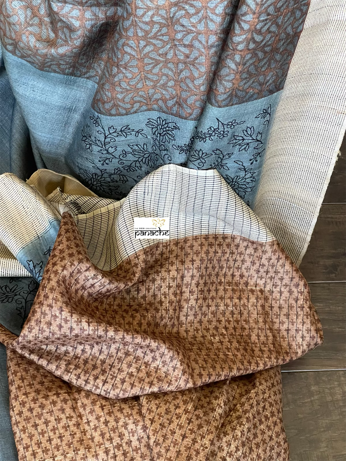 Pure Tussar Silk - Grey Brown embroidered Digital Printed