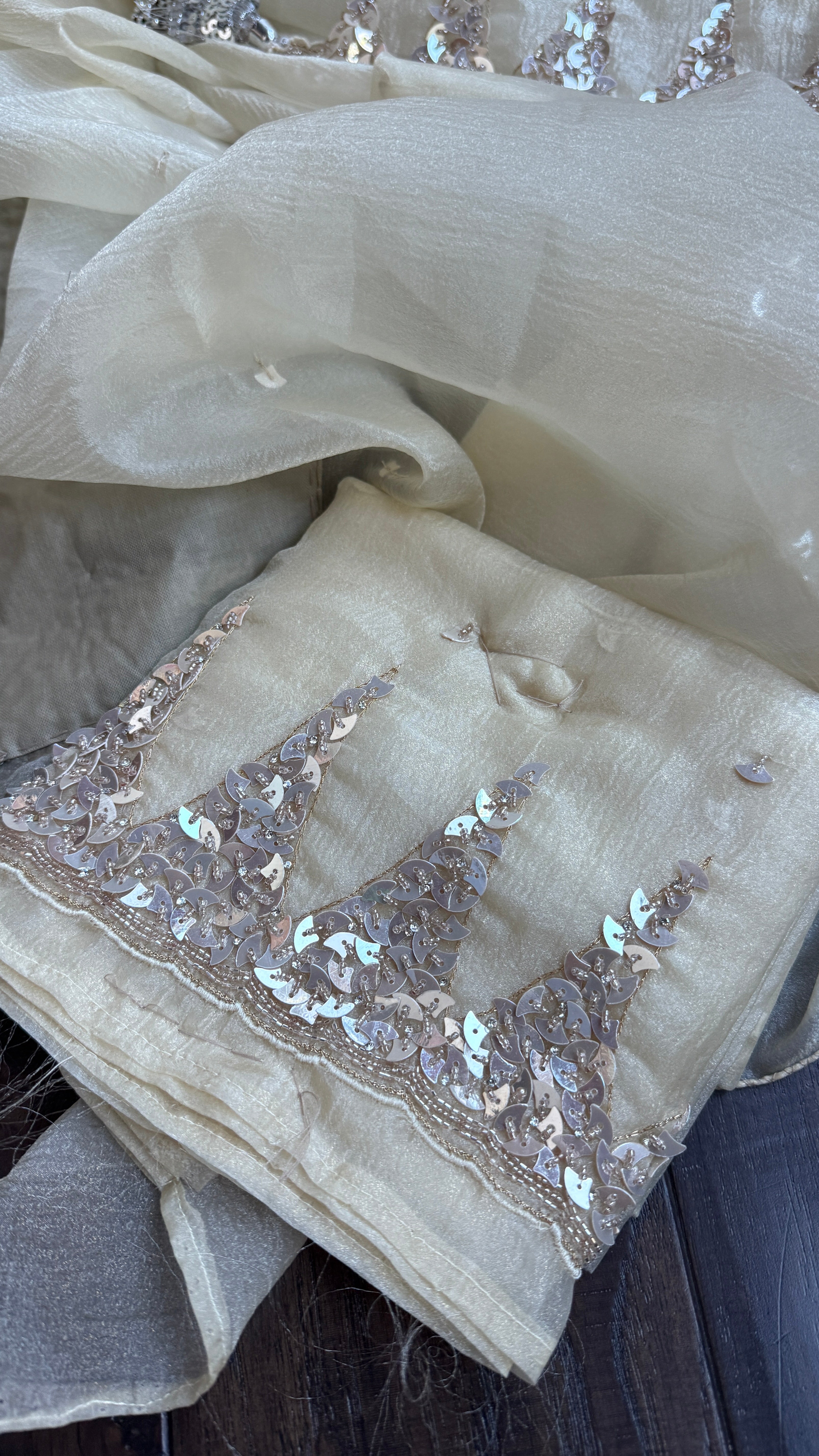 Designer Crushed Chiffon - Light Butter Yellow Sequin Hand Work