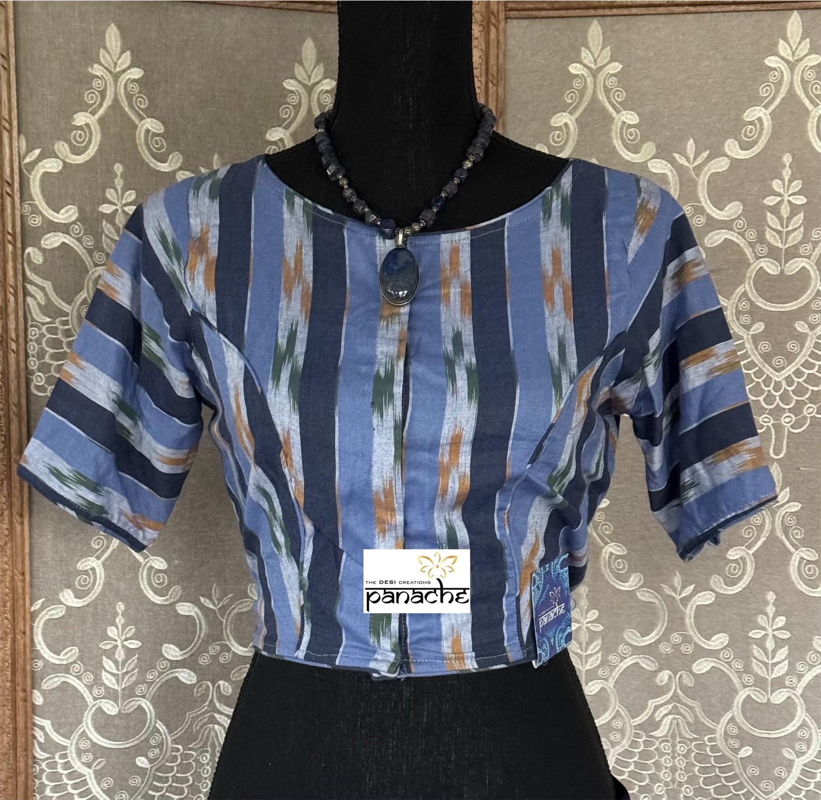 Designer Cotton Blouse - Light Dark Blue Ikat