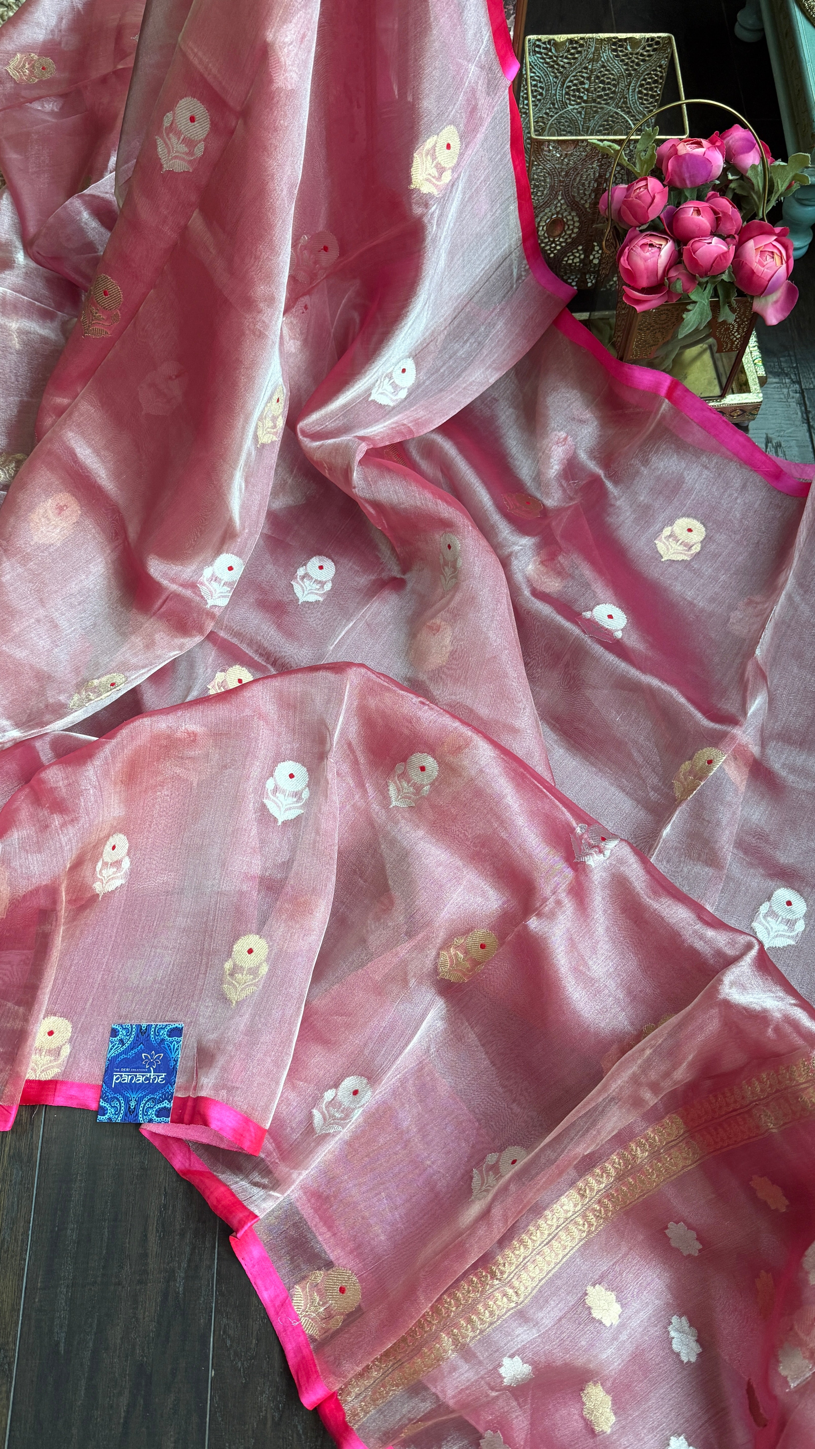 Tissue Organza Silk Banarasi - Pink Metallic Meenakari