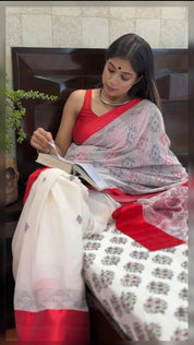 Pure Khadi Cotton Hand Kantha - White Red