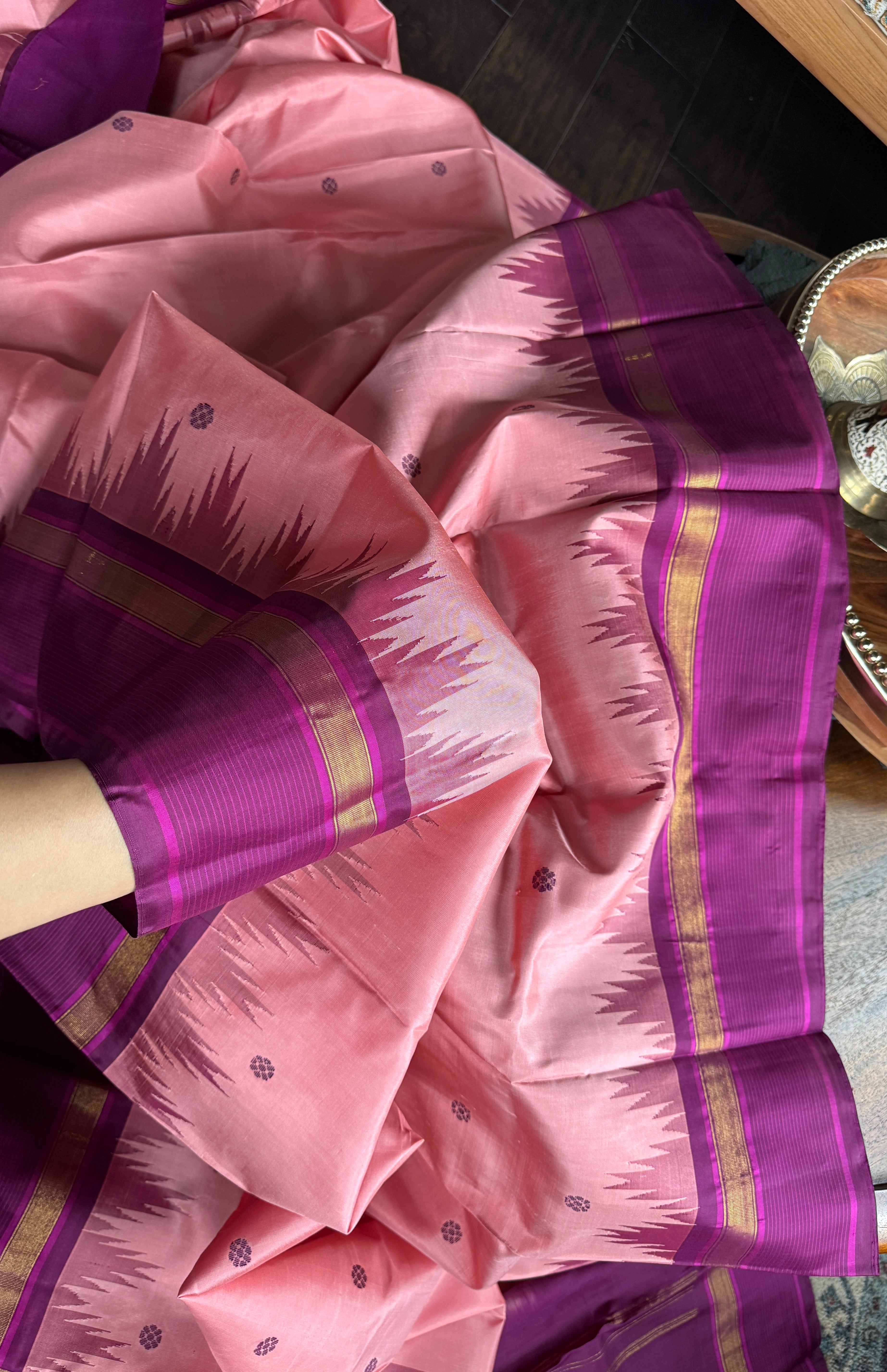 Pure Silk Korvai Kanjivaram - Pink Purple Woven