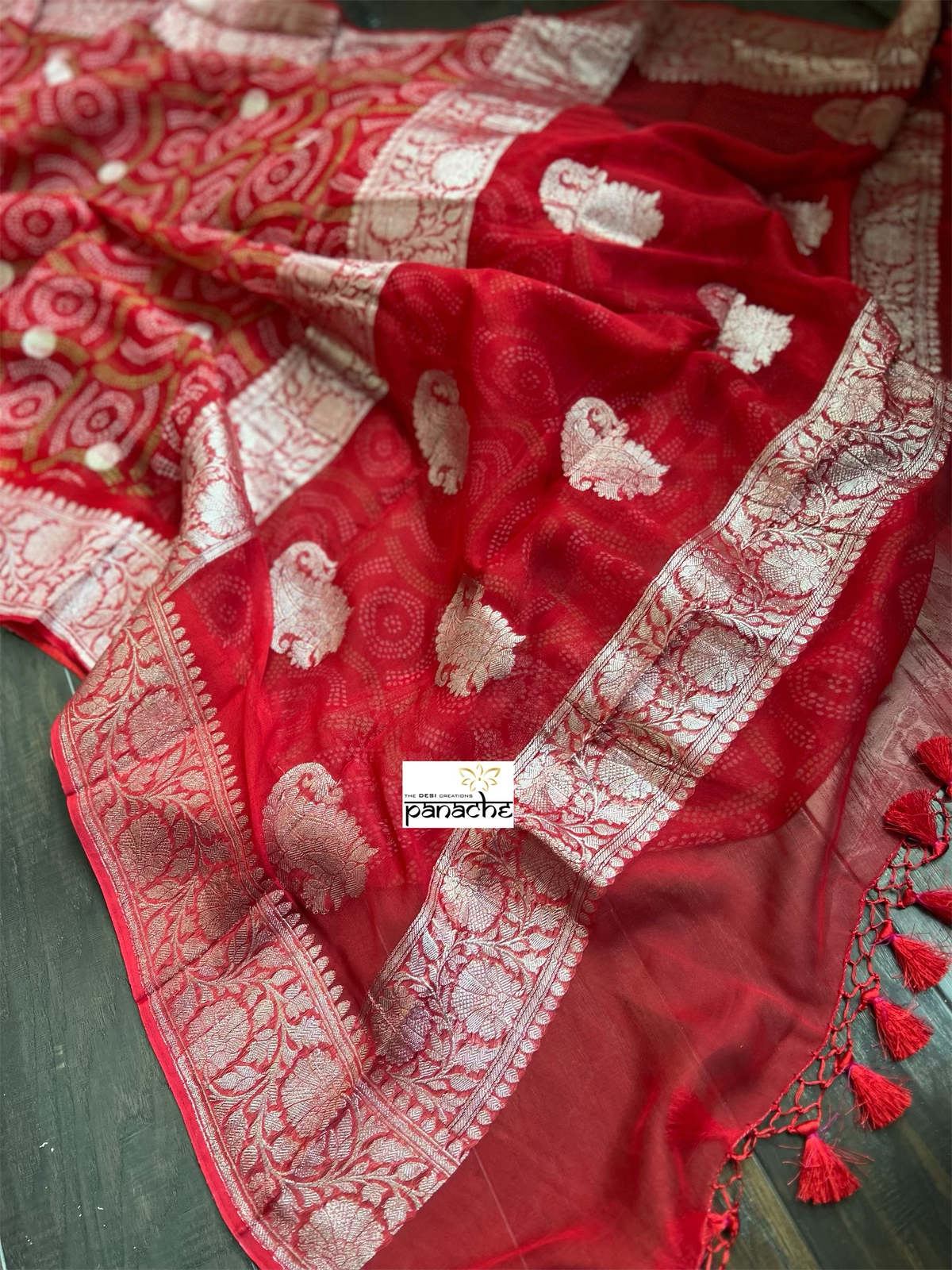 Khaddi Chiffon Banarasi - Red Bandhej Printed