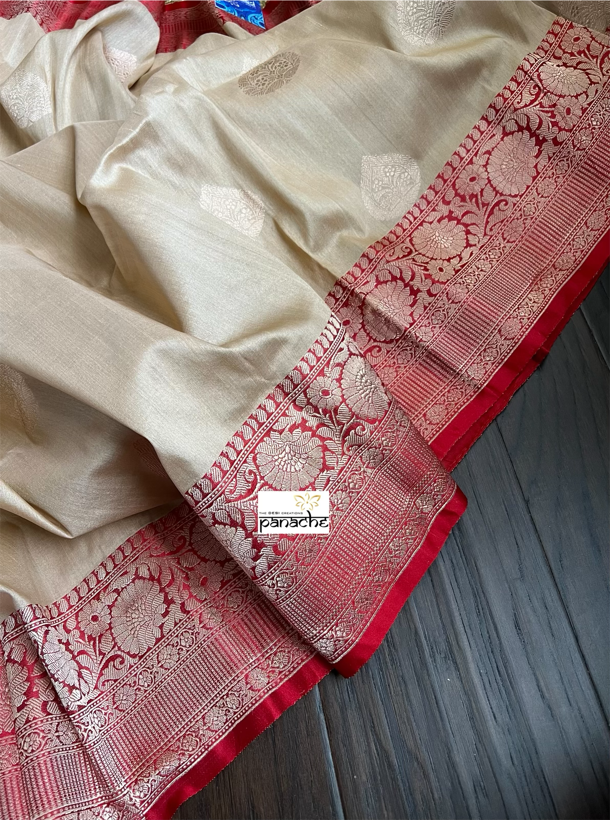 Tussar Silk Banarasi - Tan Beige Red