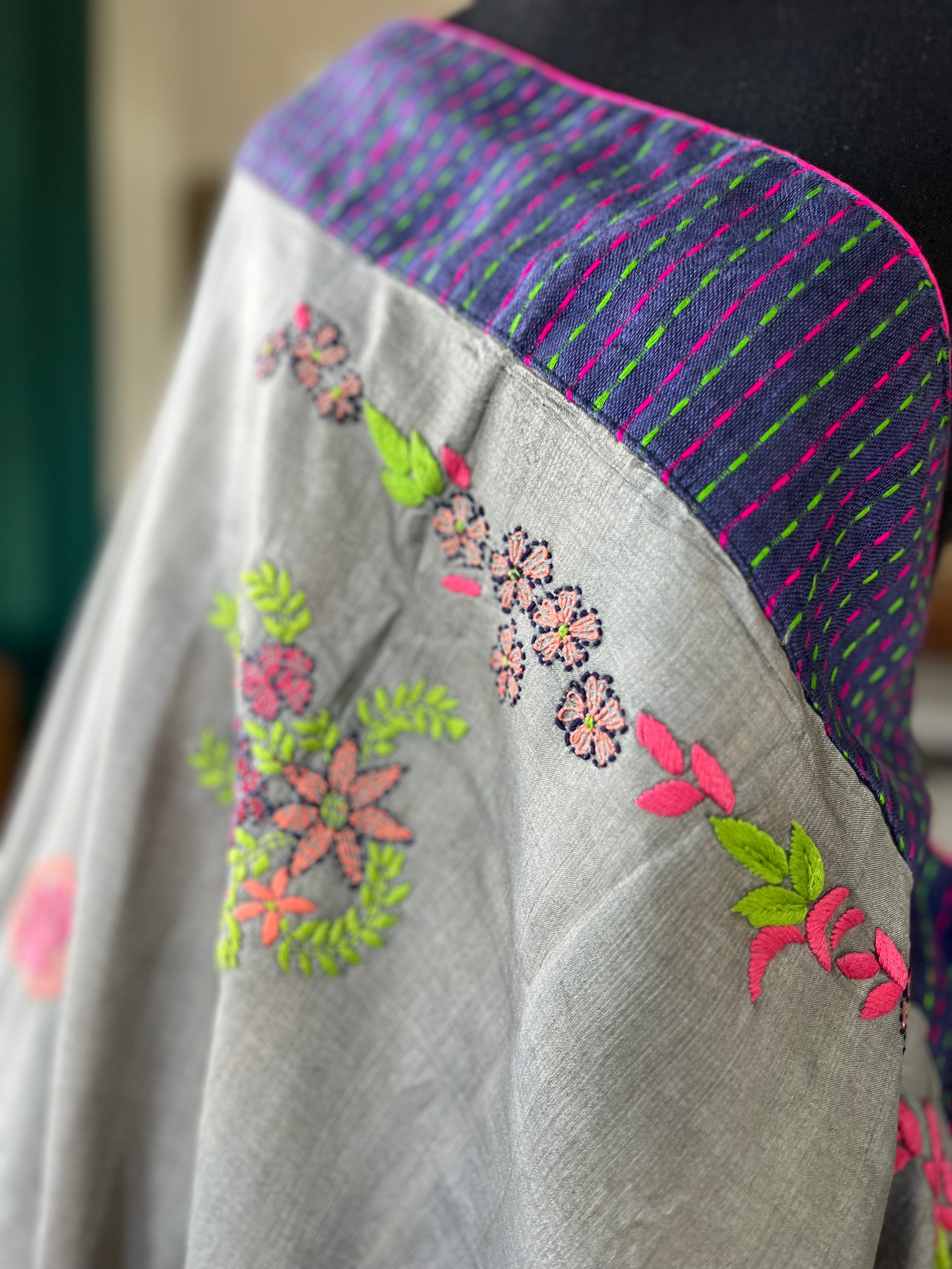 Designer Tussar Silk Embroidered - Grey Purple Green Masaba Inspired