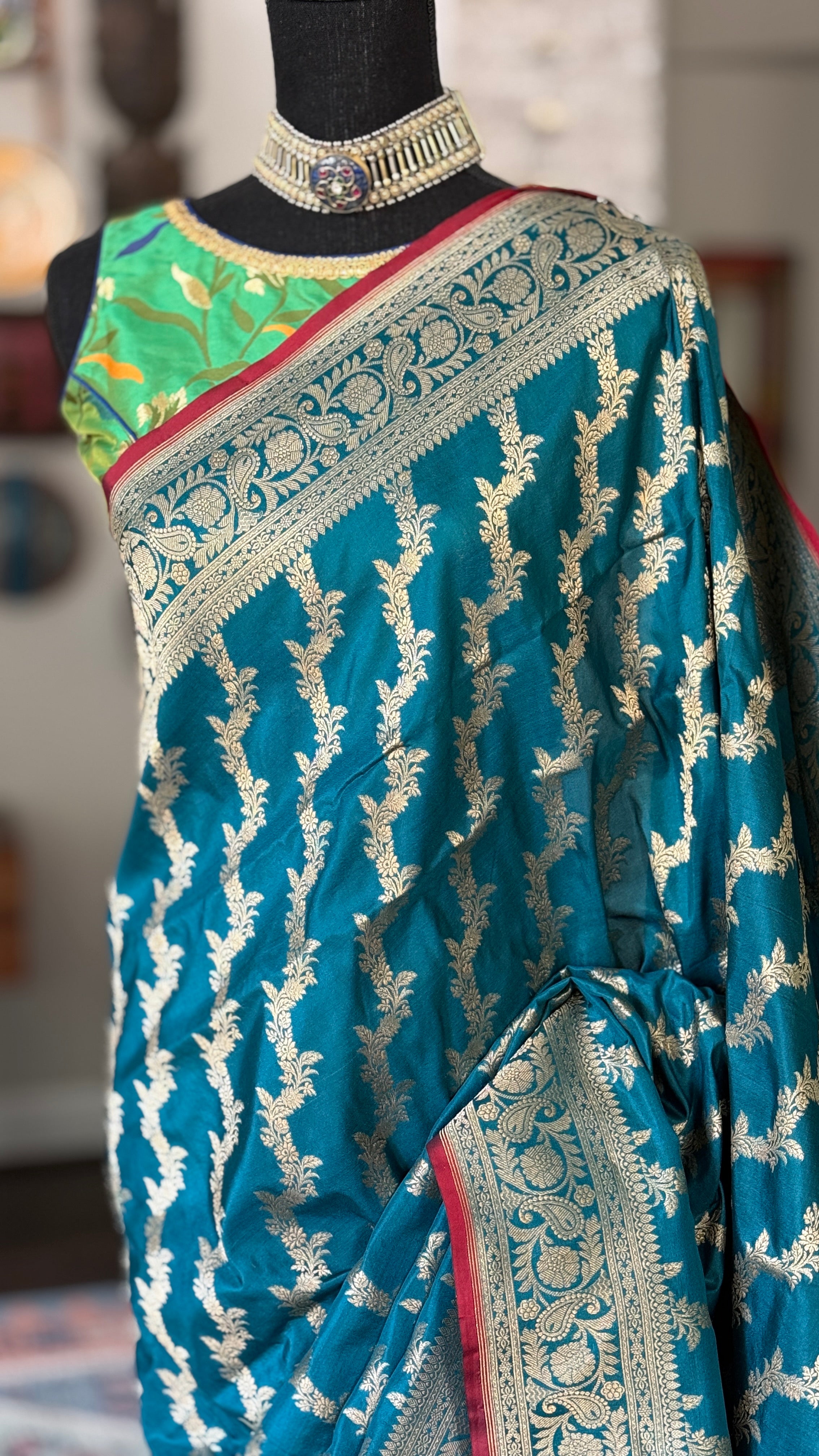 Katan Silk Leheriya Banarasi - Teal Blue Antique Zari