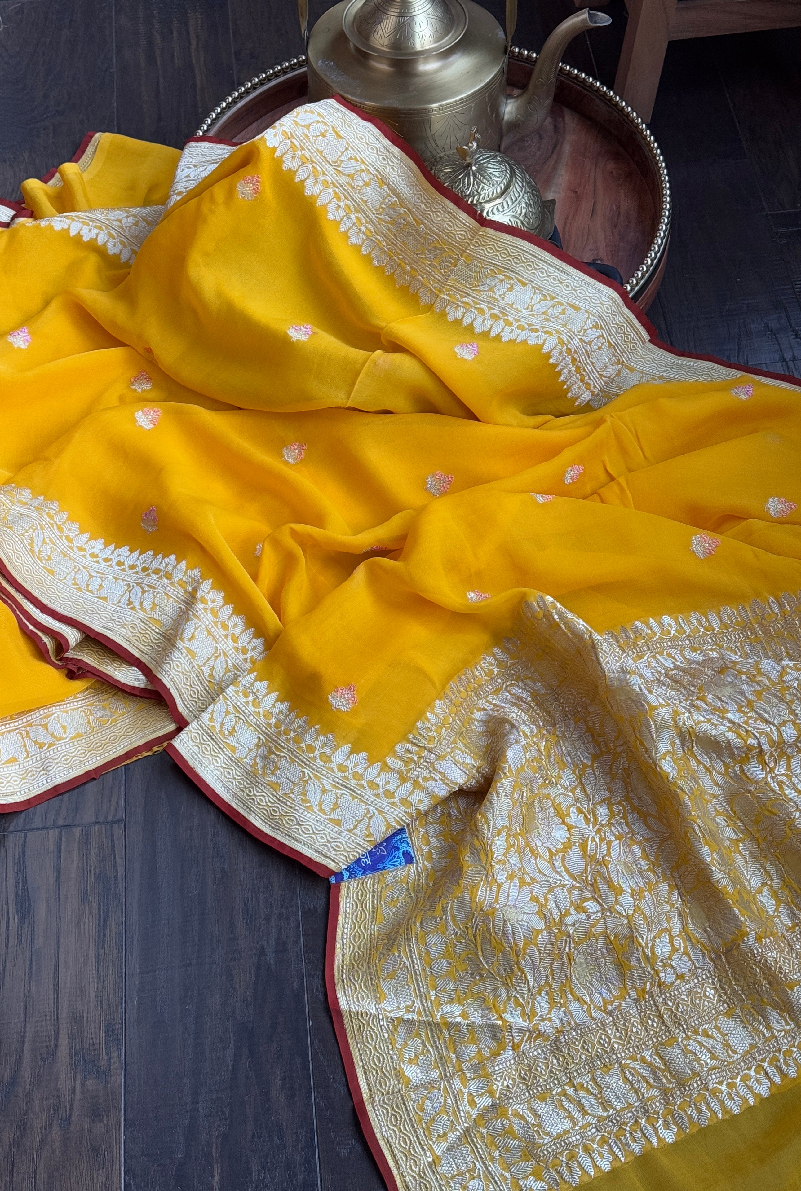 Khaddi Georgette Banarasi - Yellow Red Khadhua Woven