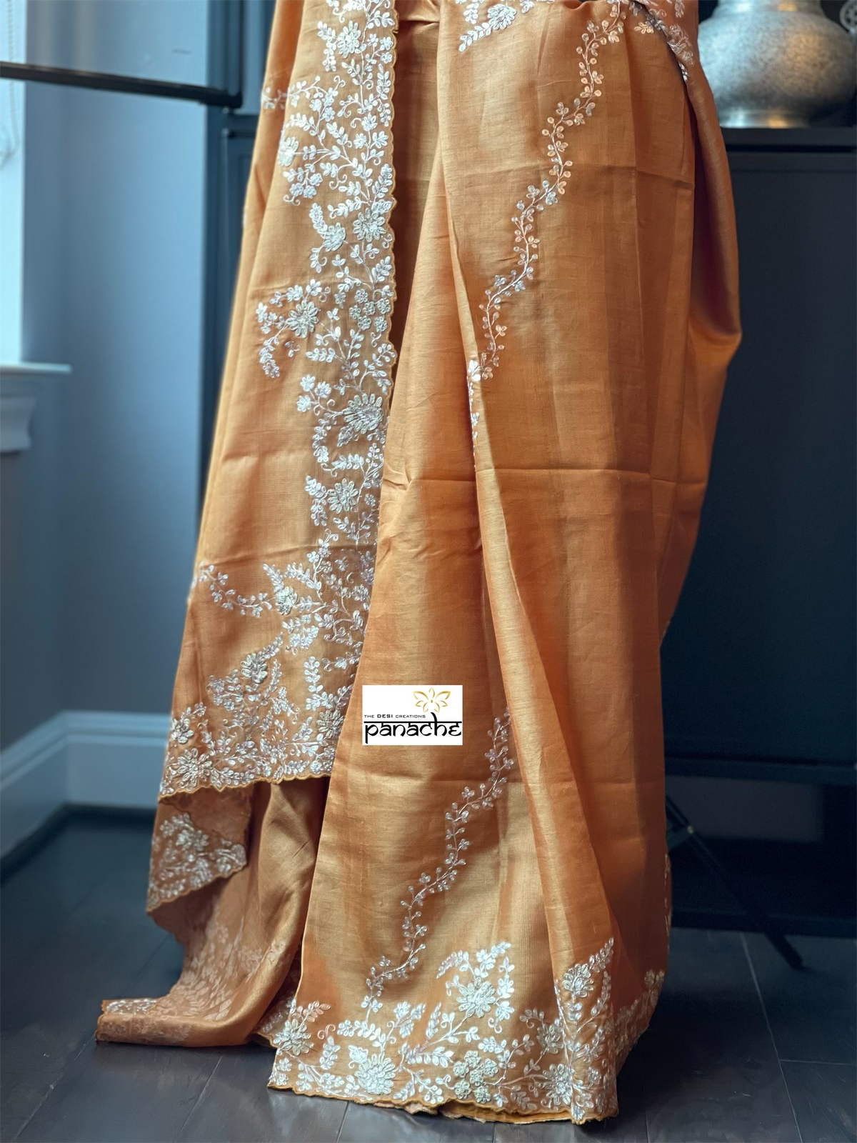 Designer Tussar Silk - Sunrise Orange Green Leheriya Hand Embroidered